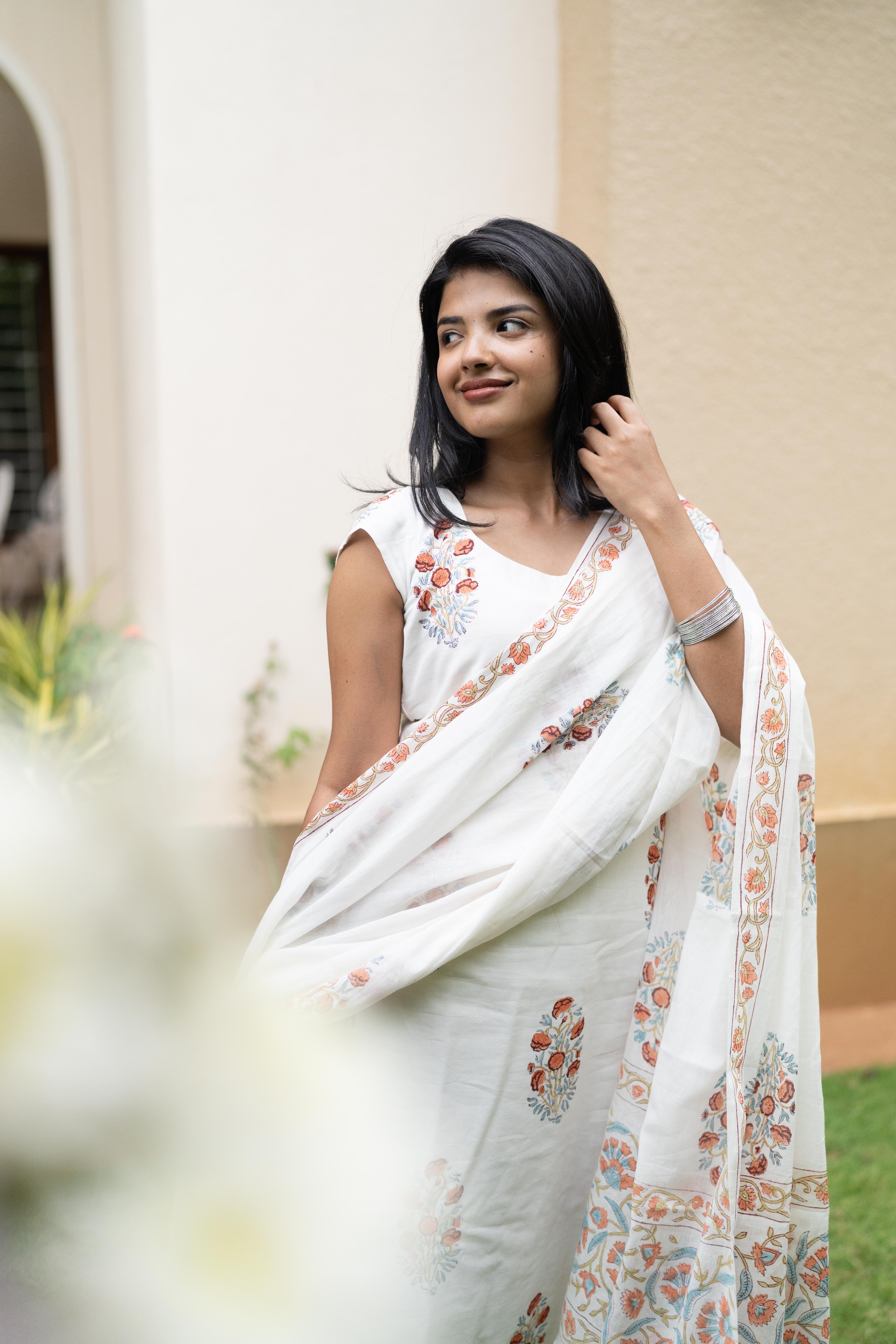 White handblock printed suit set