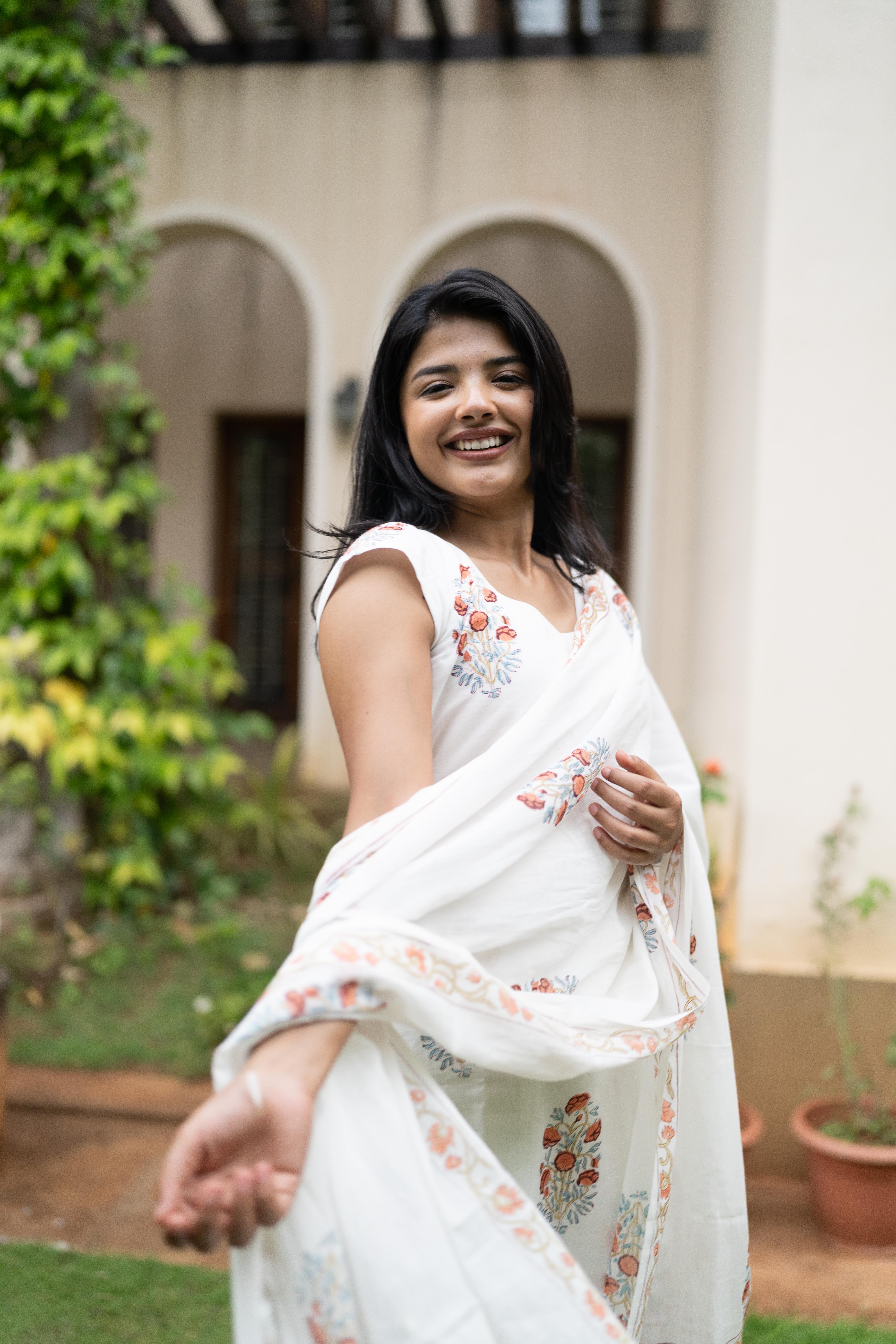 White handblock printed suit set