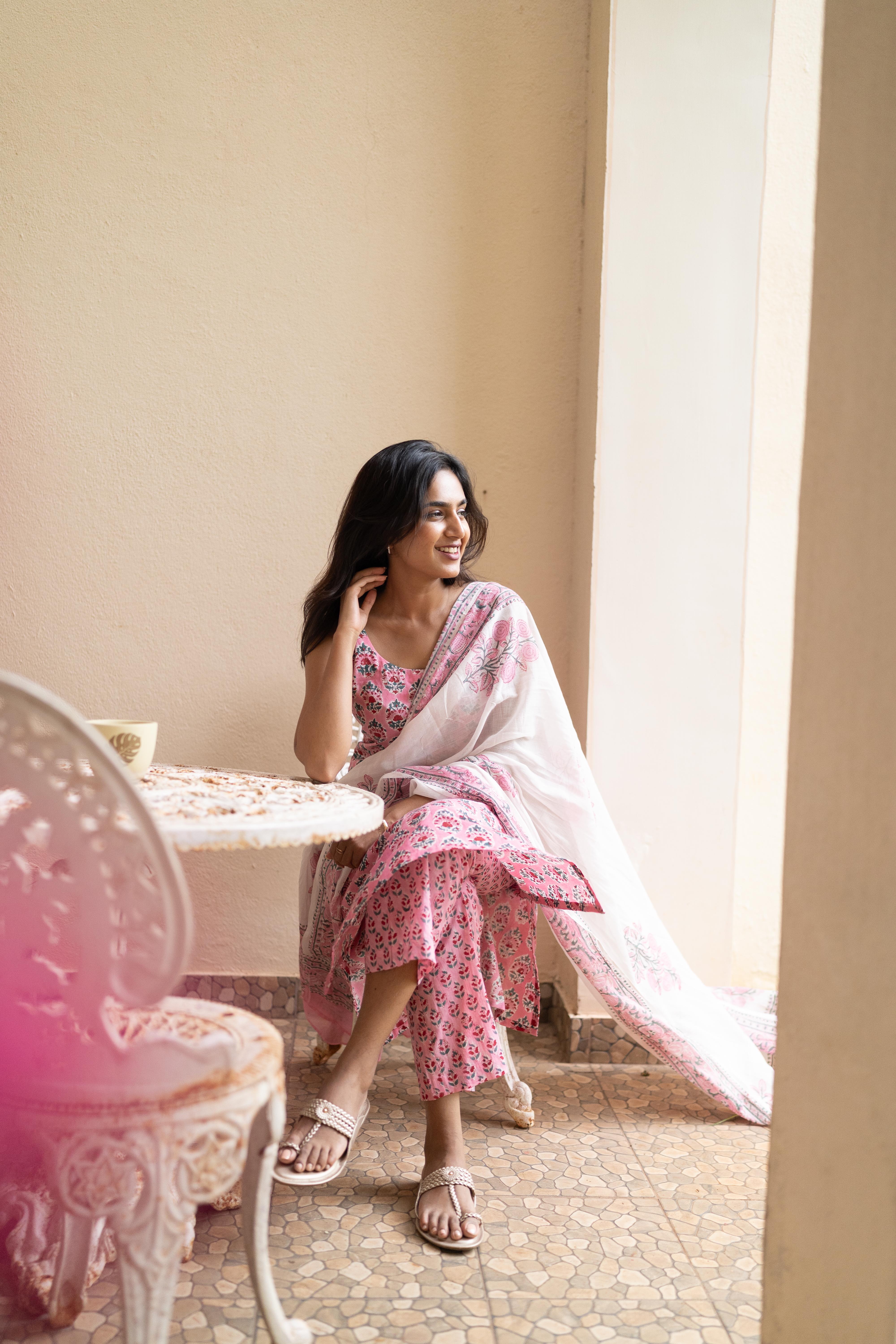Pink handblock printed suit set