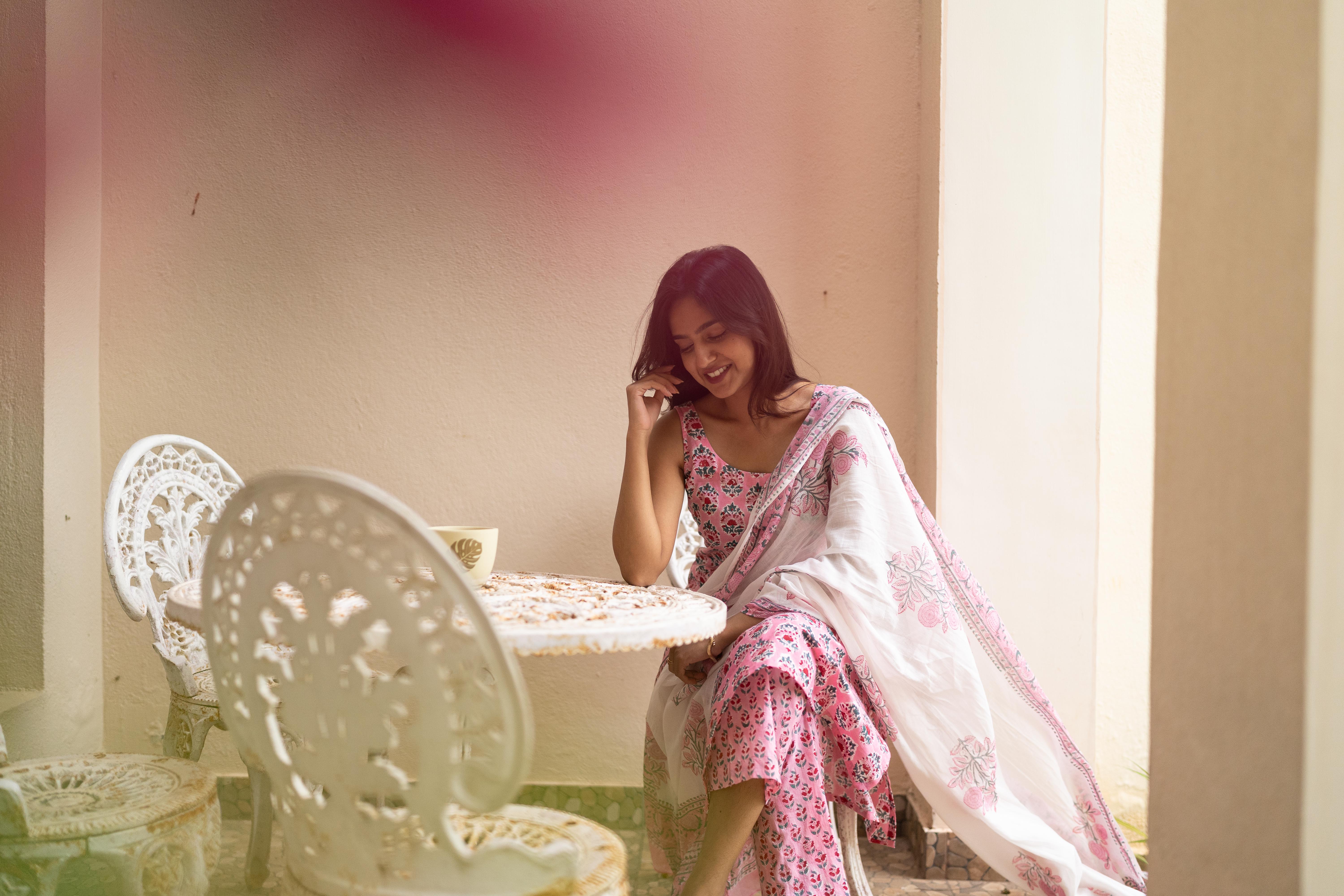 Pink handblock printed suit set