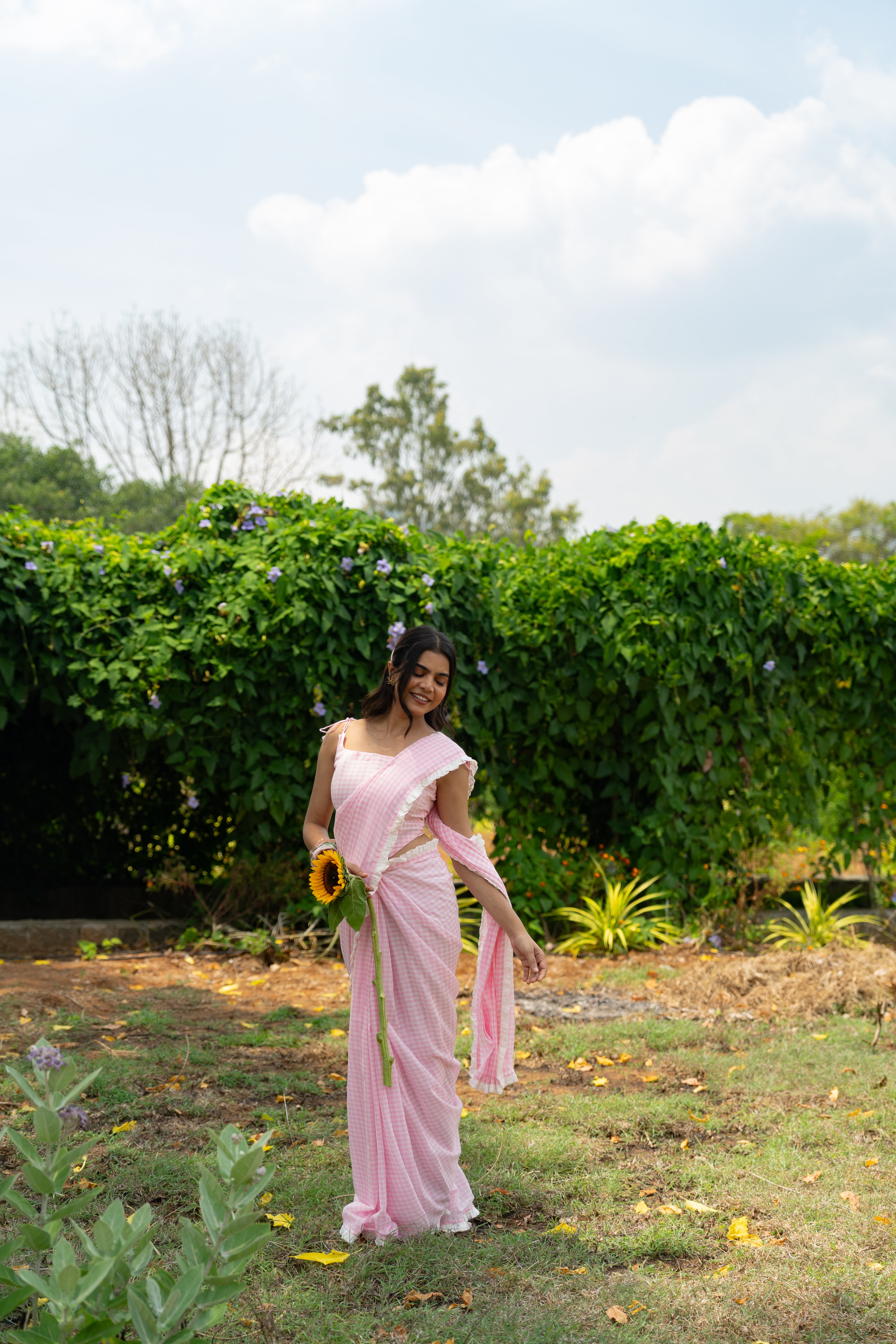 Rose milk checks saree