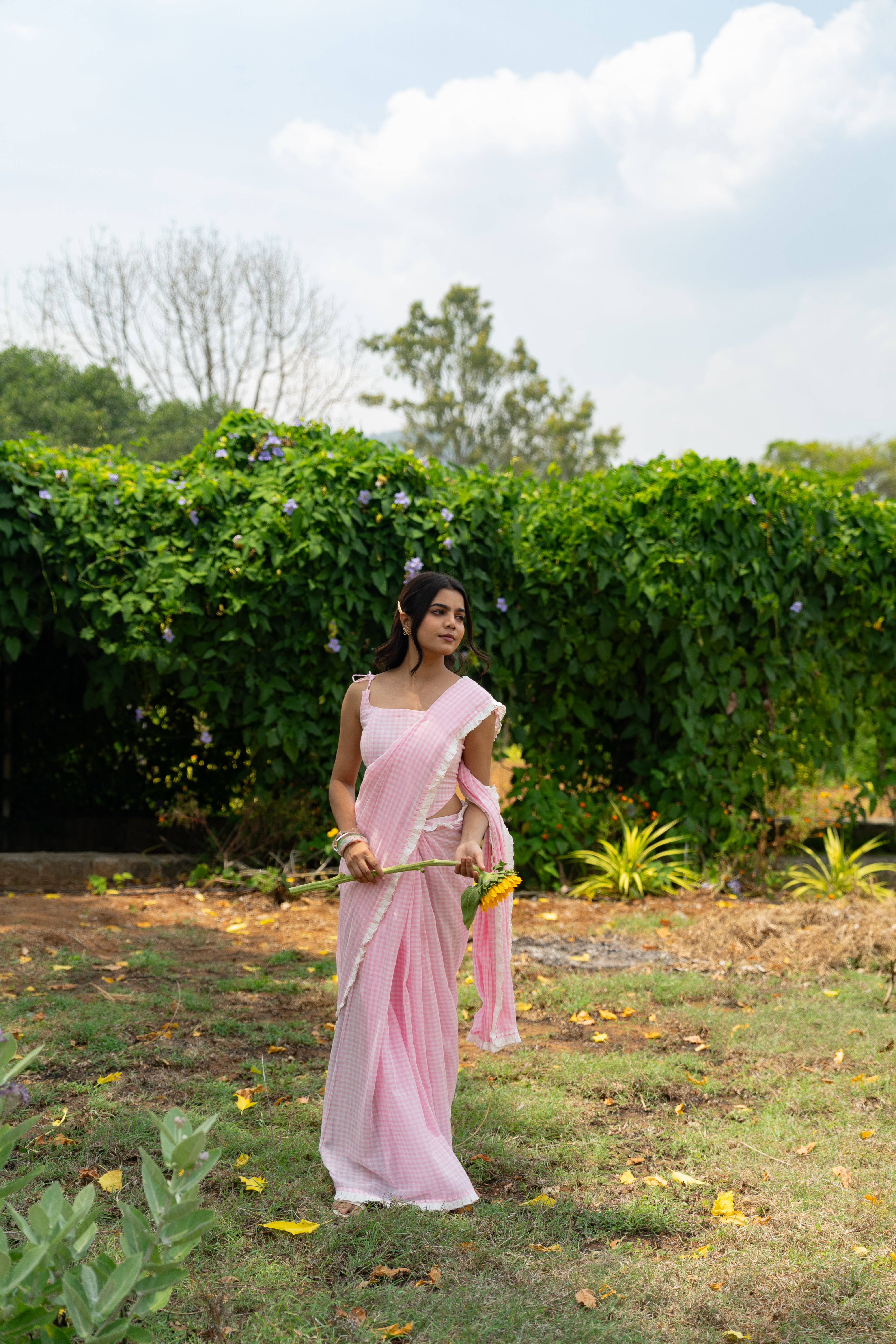 Rose milk checks saree