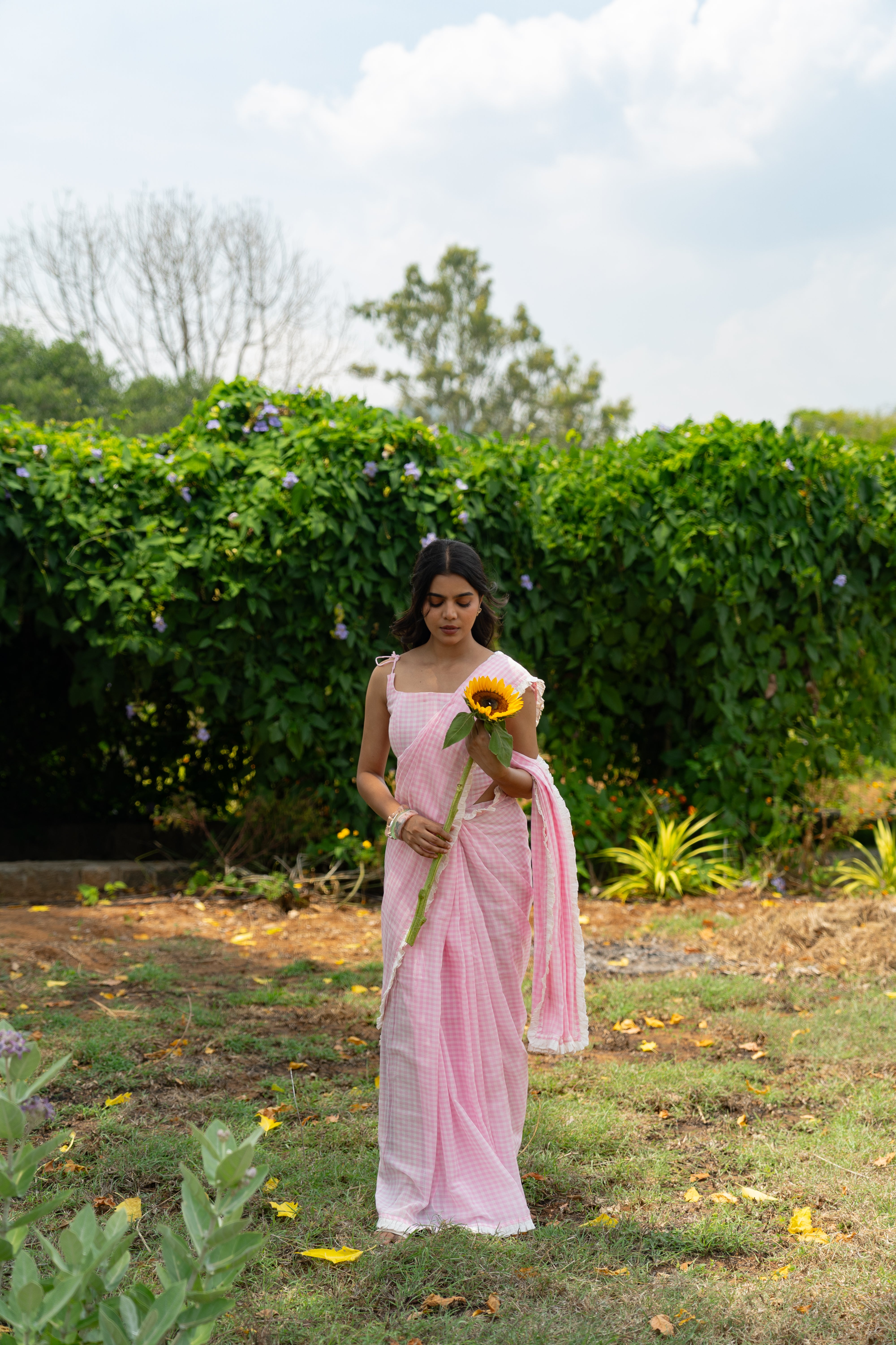 Rose milk checks saree