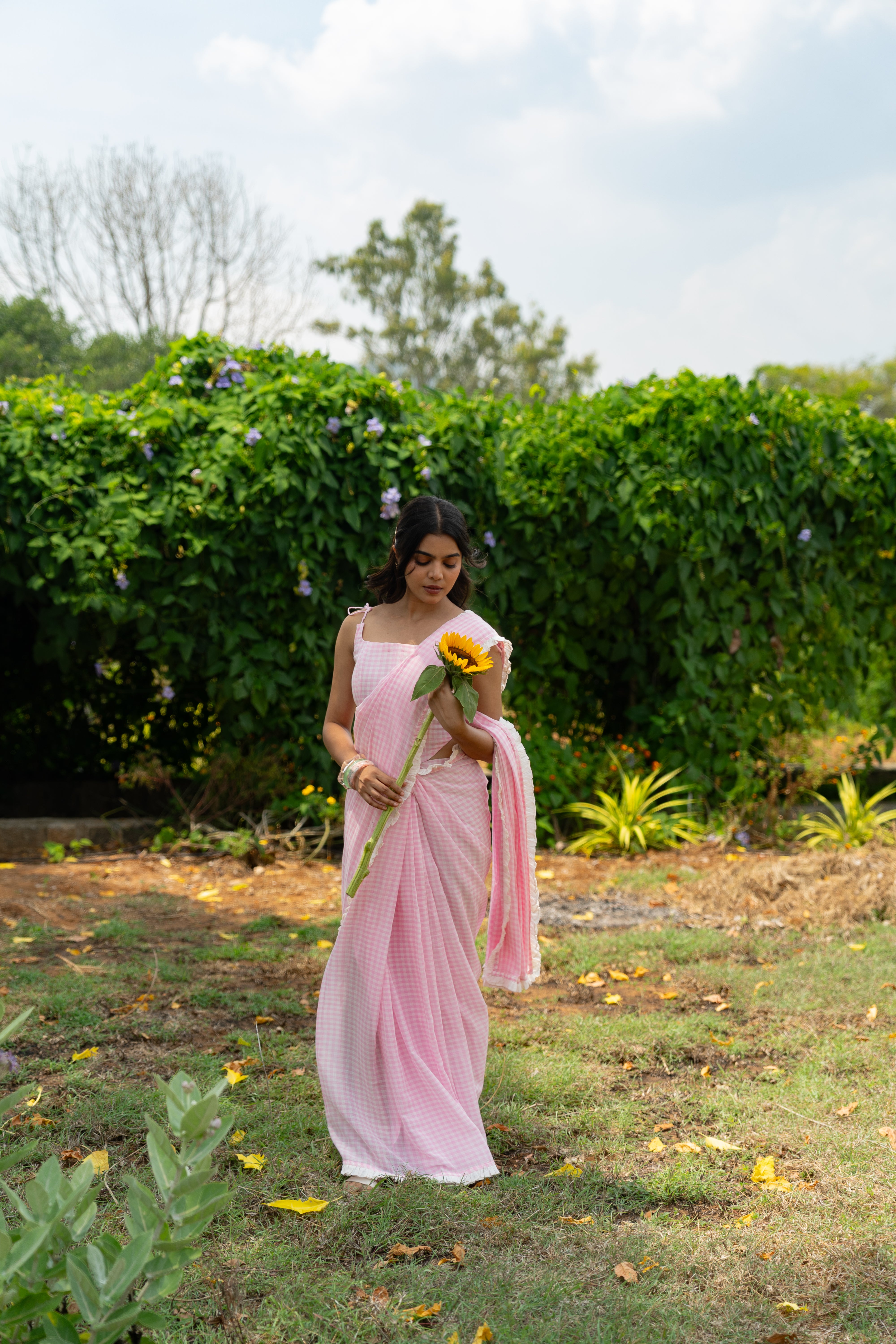 Rose milk checks saree