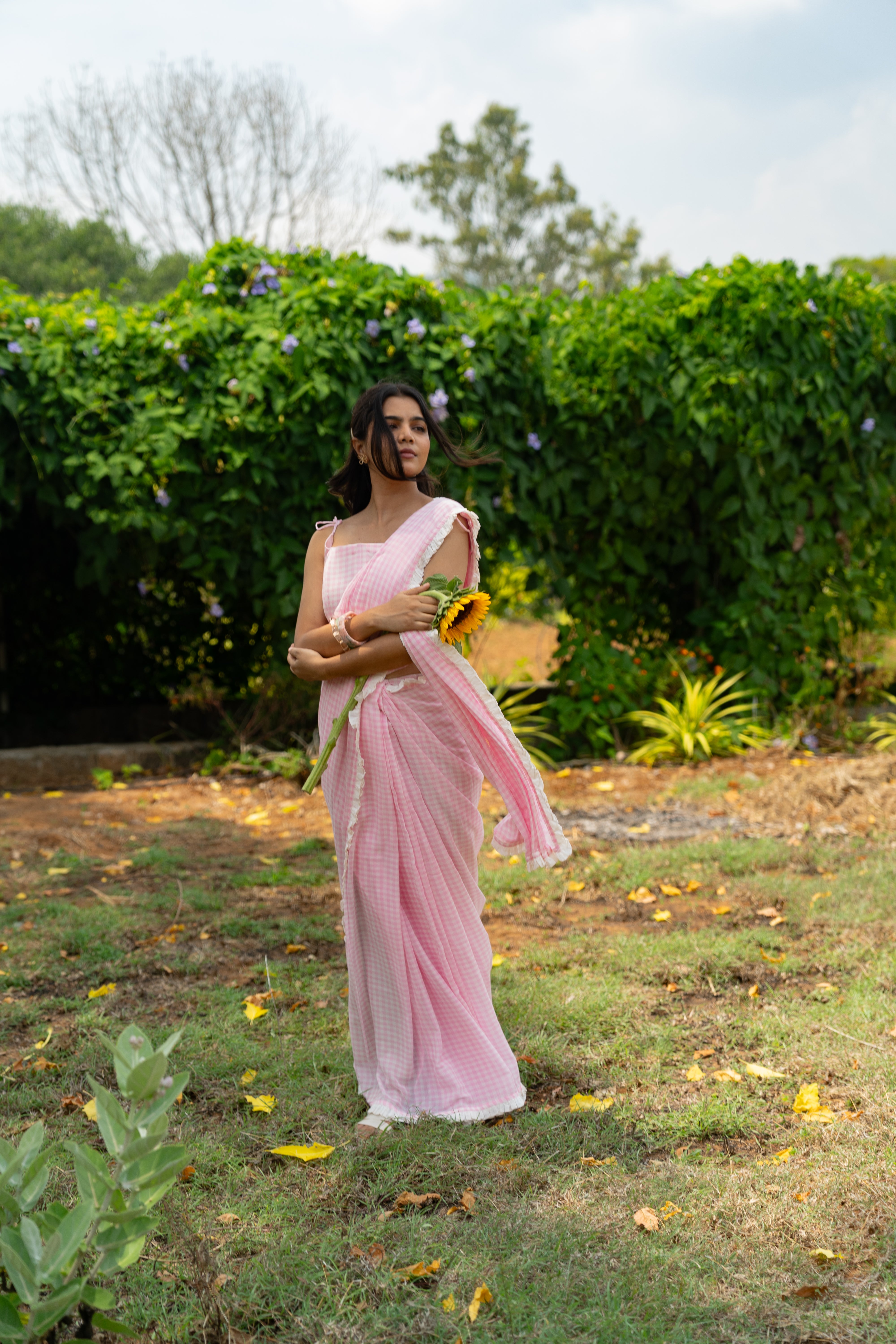 Rose milk checks saree
