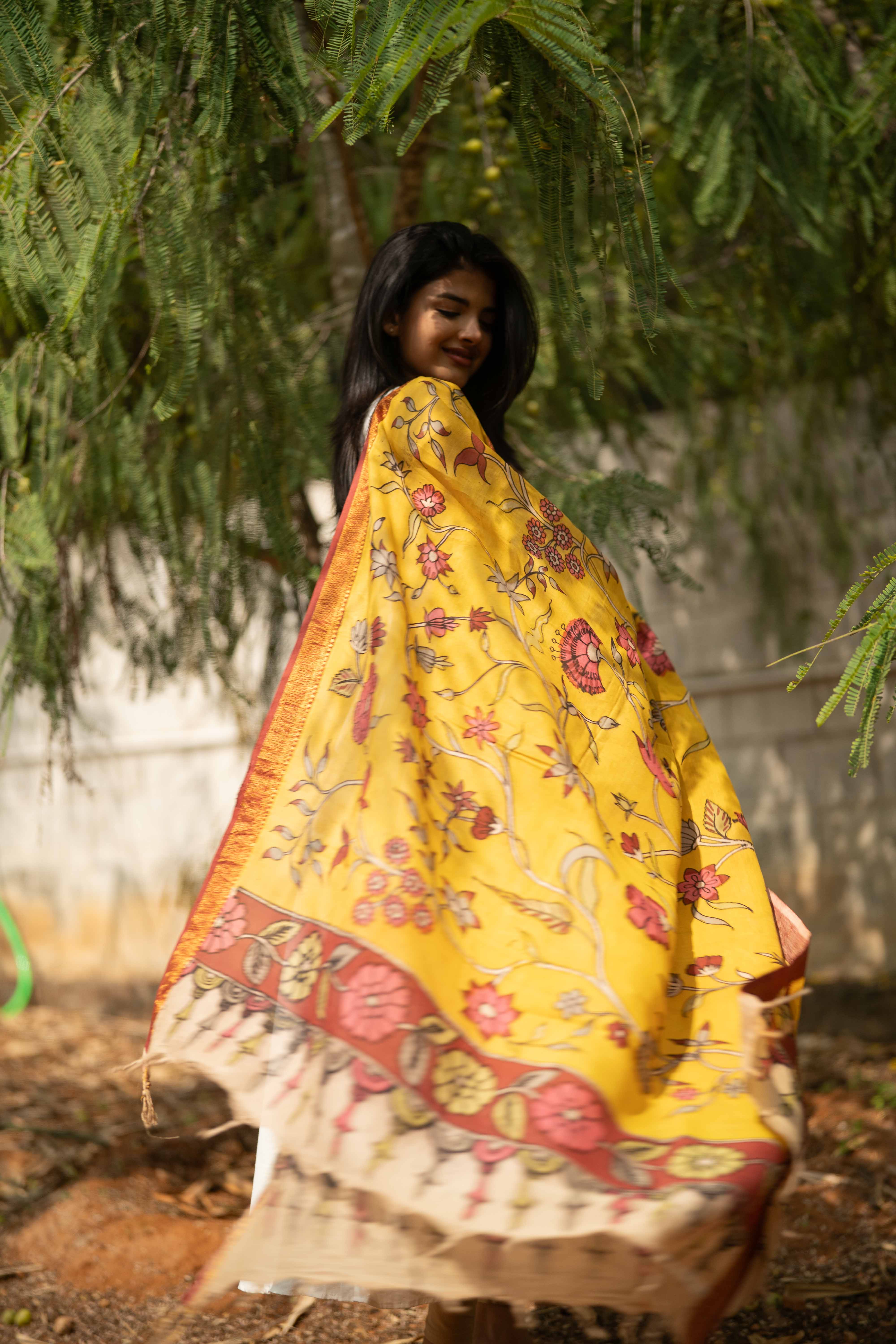 White Anarkali Cotton Top & Mustard Dupatta Set