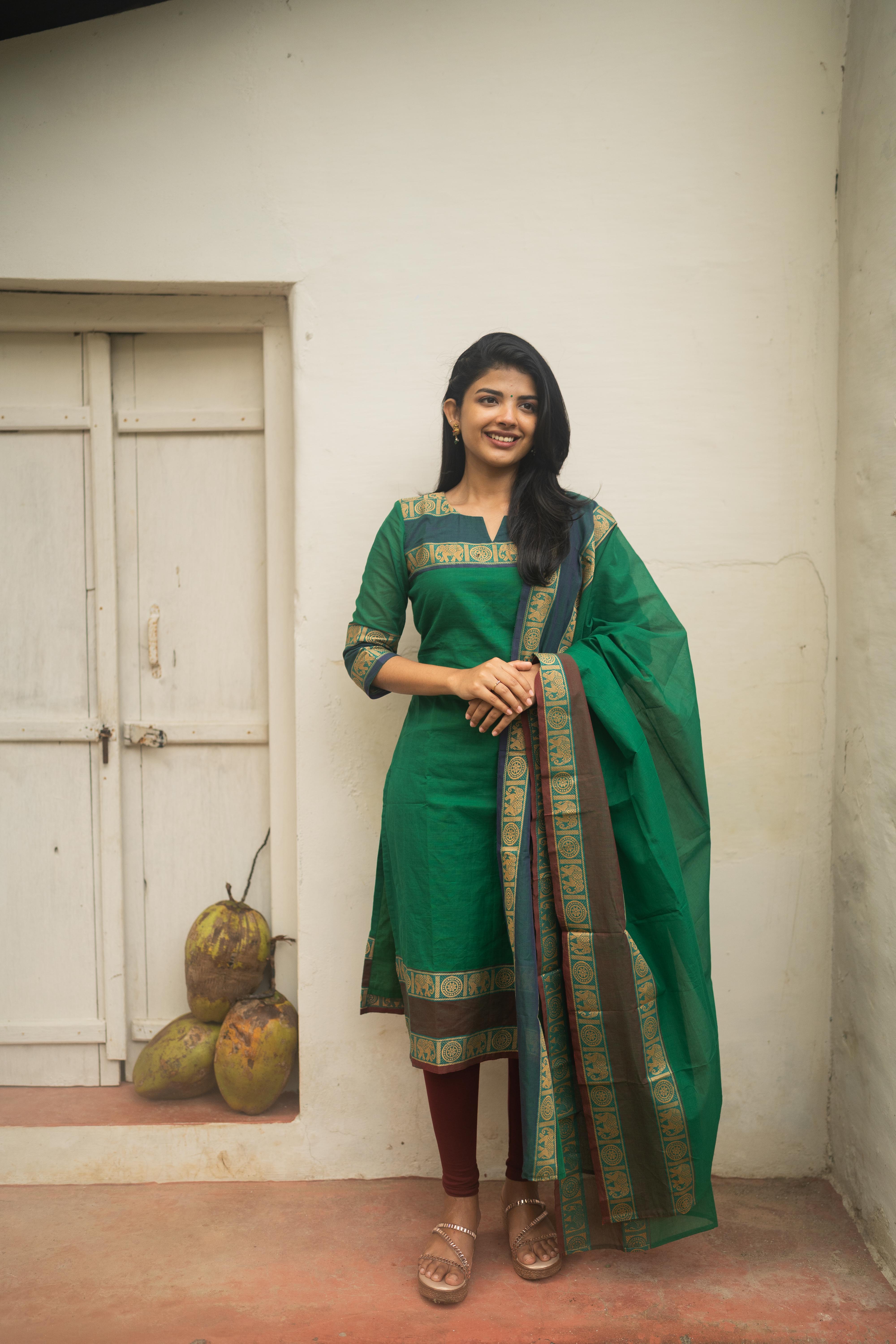 Green Kanchi Cotton Top with  Dupatta