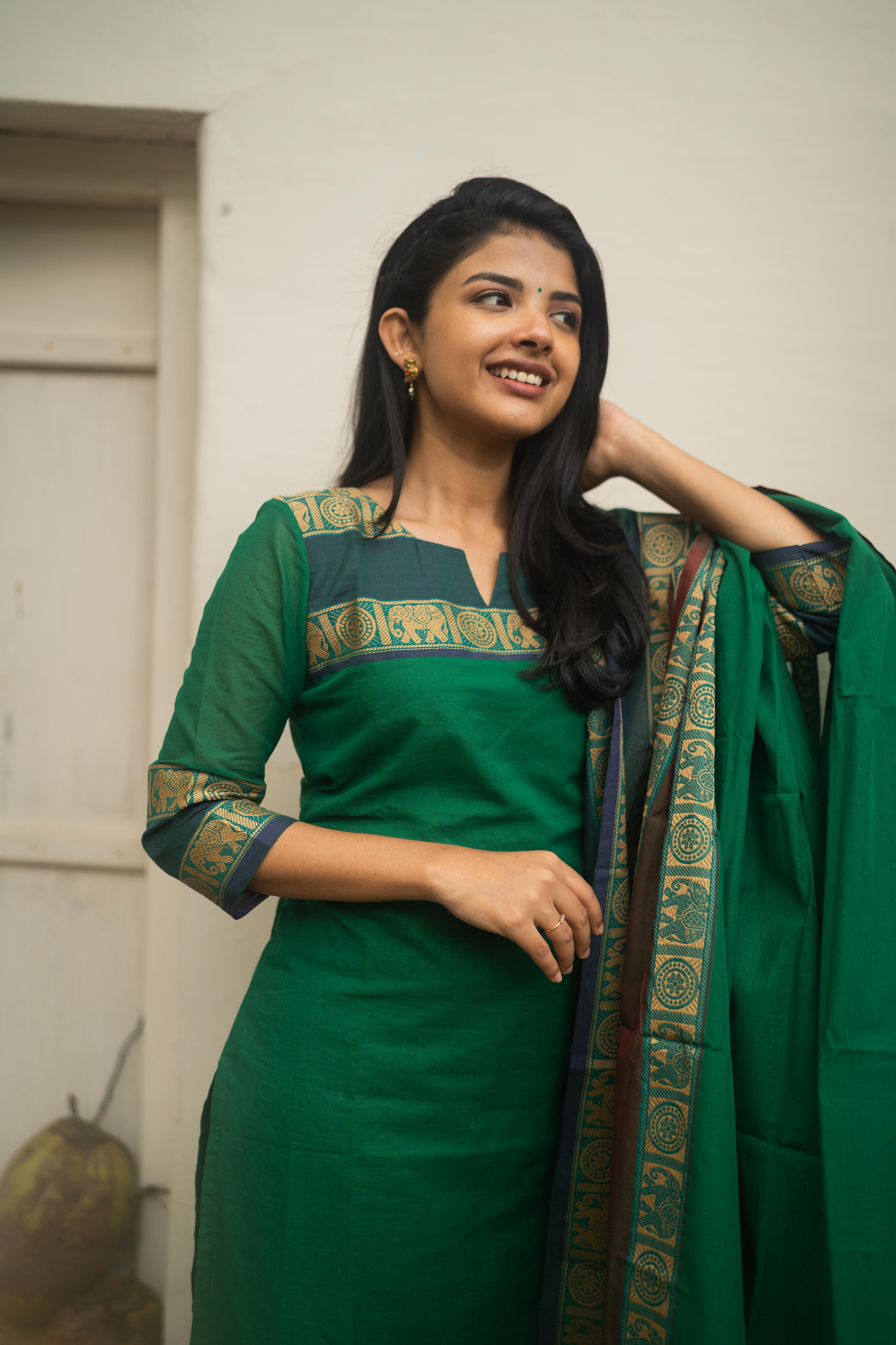 Green Kanchi Cotton Top with  Dupatta