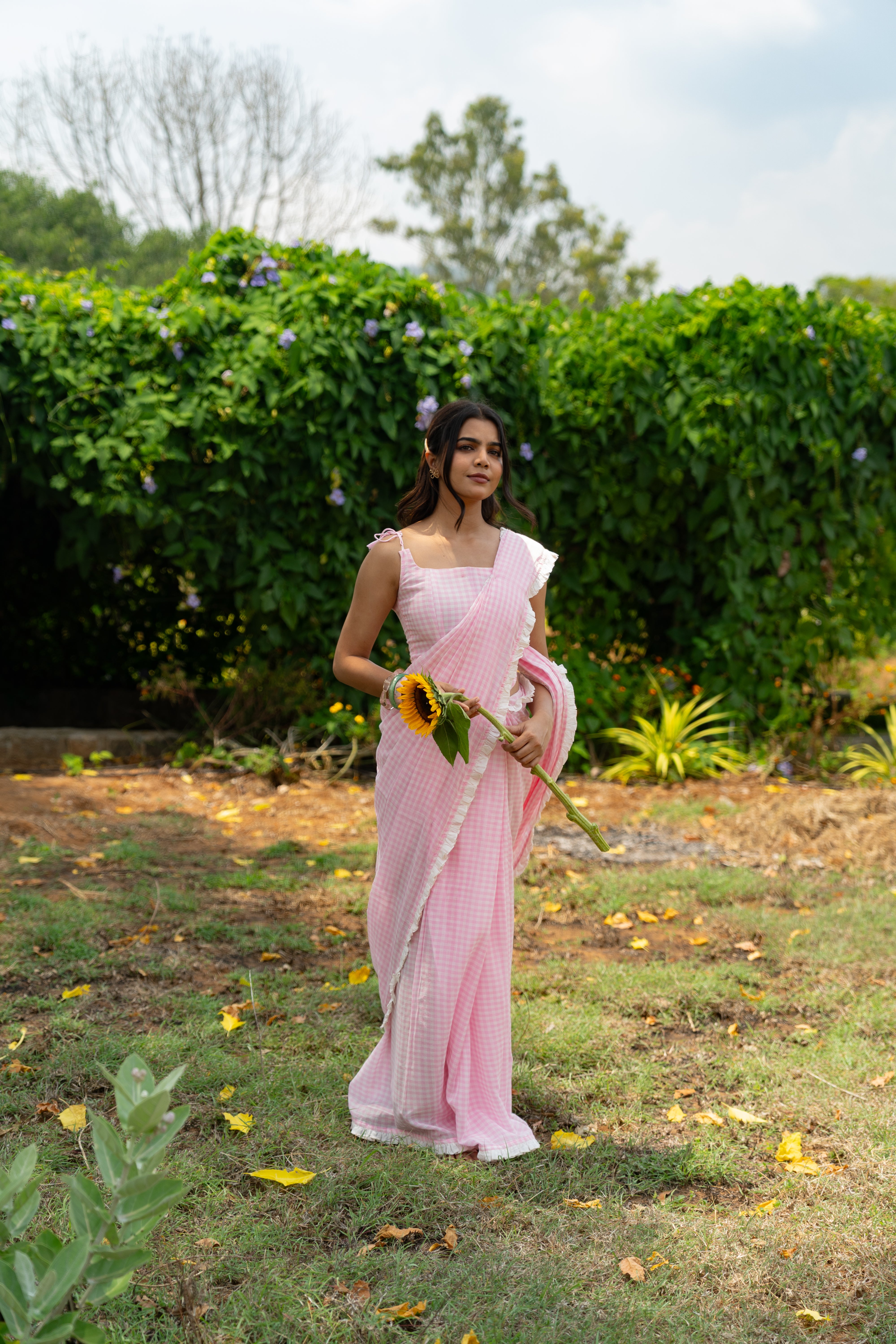 Rose milk checks saree
