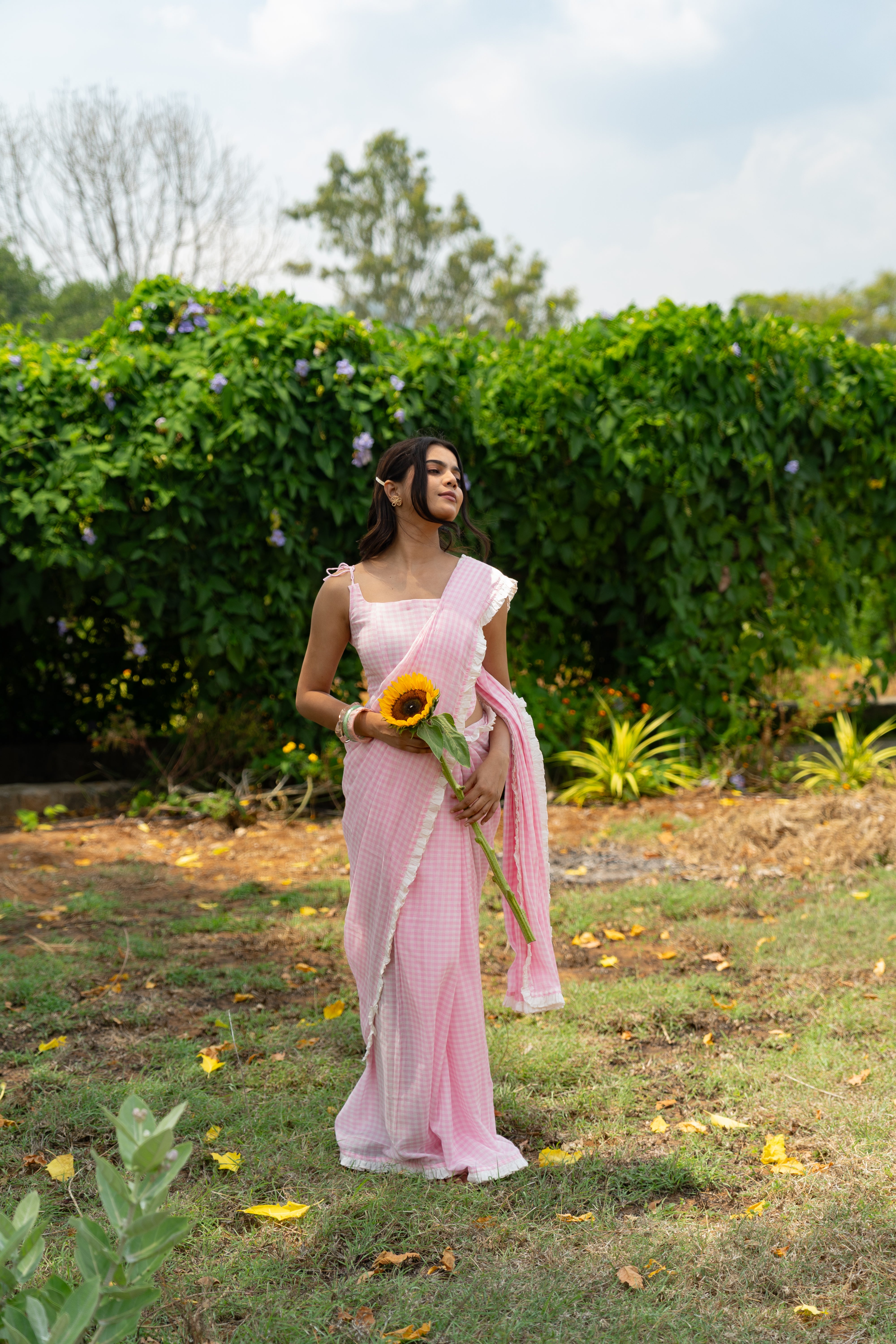Rose milk checks saree