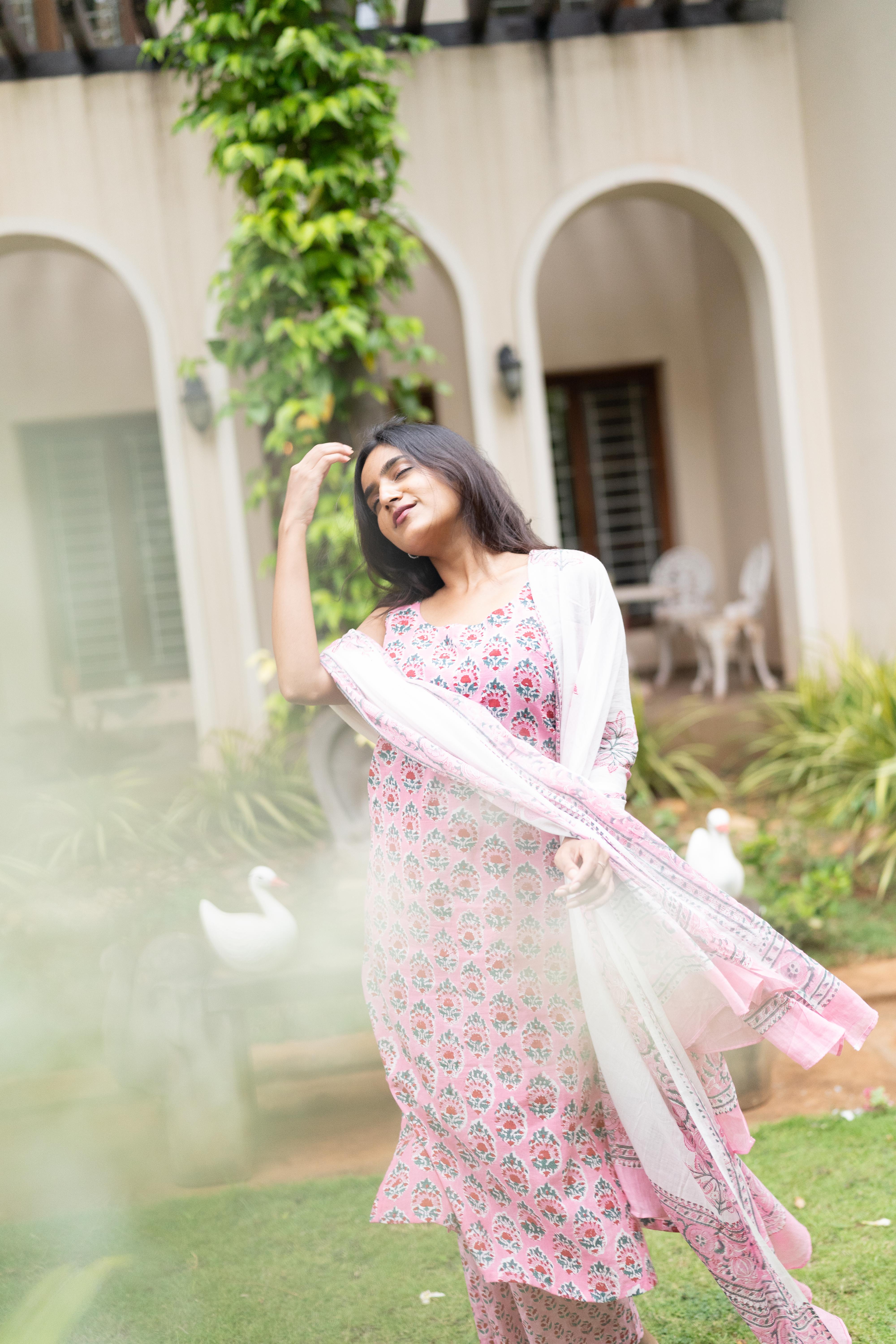 Pink handblock printed suit set