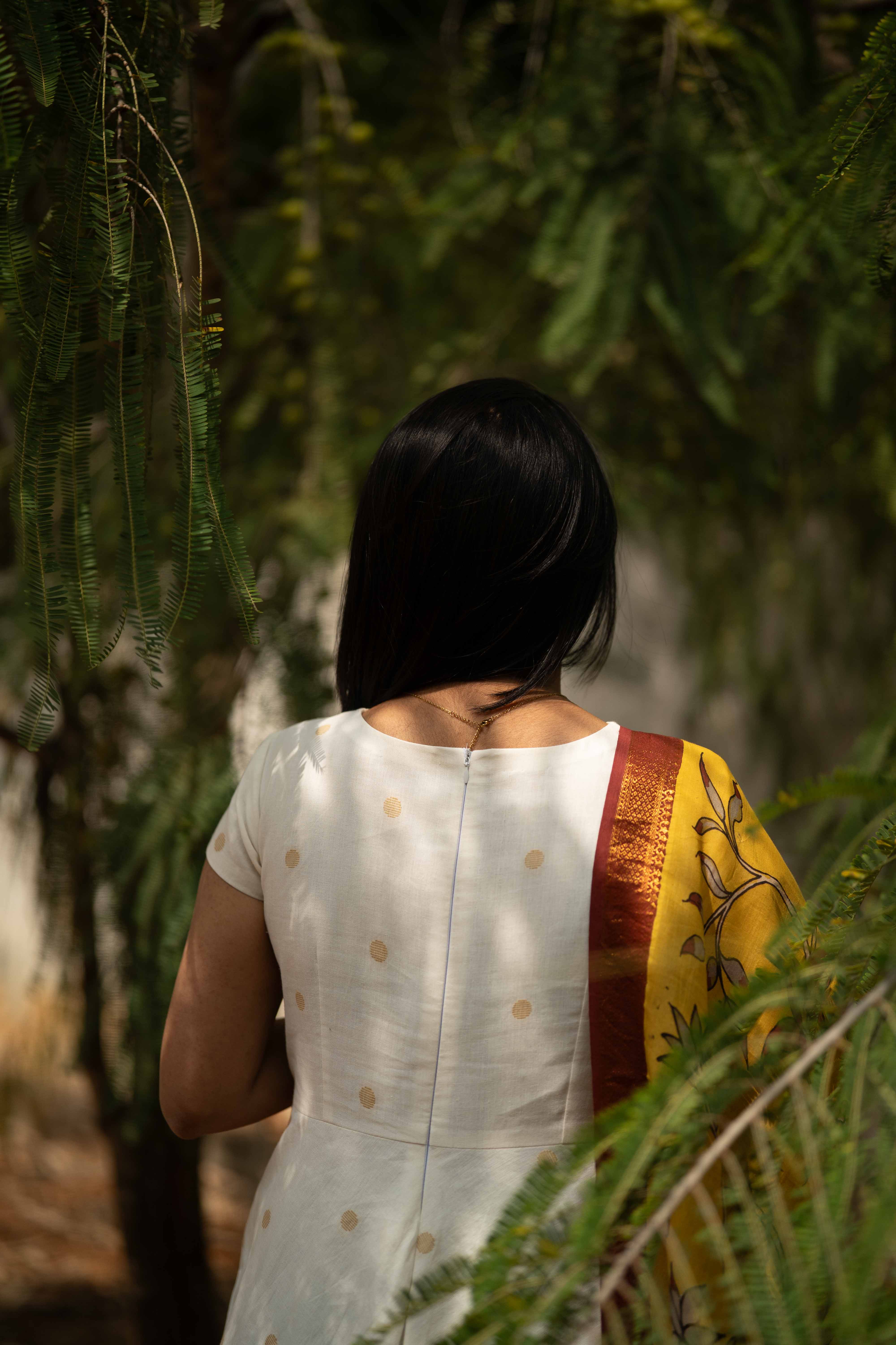 White Anarkali Cotton Top & Mustard Dupatta Set