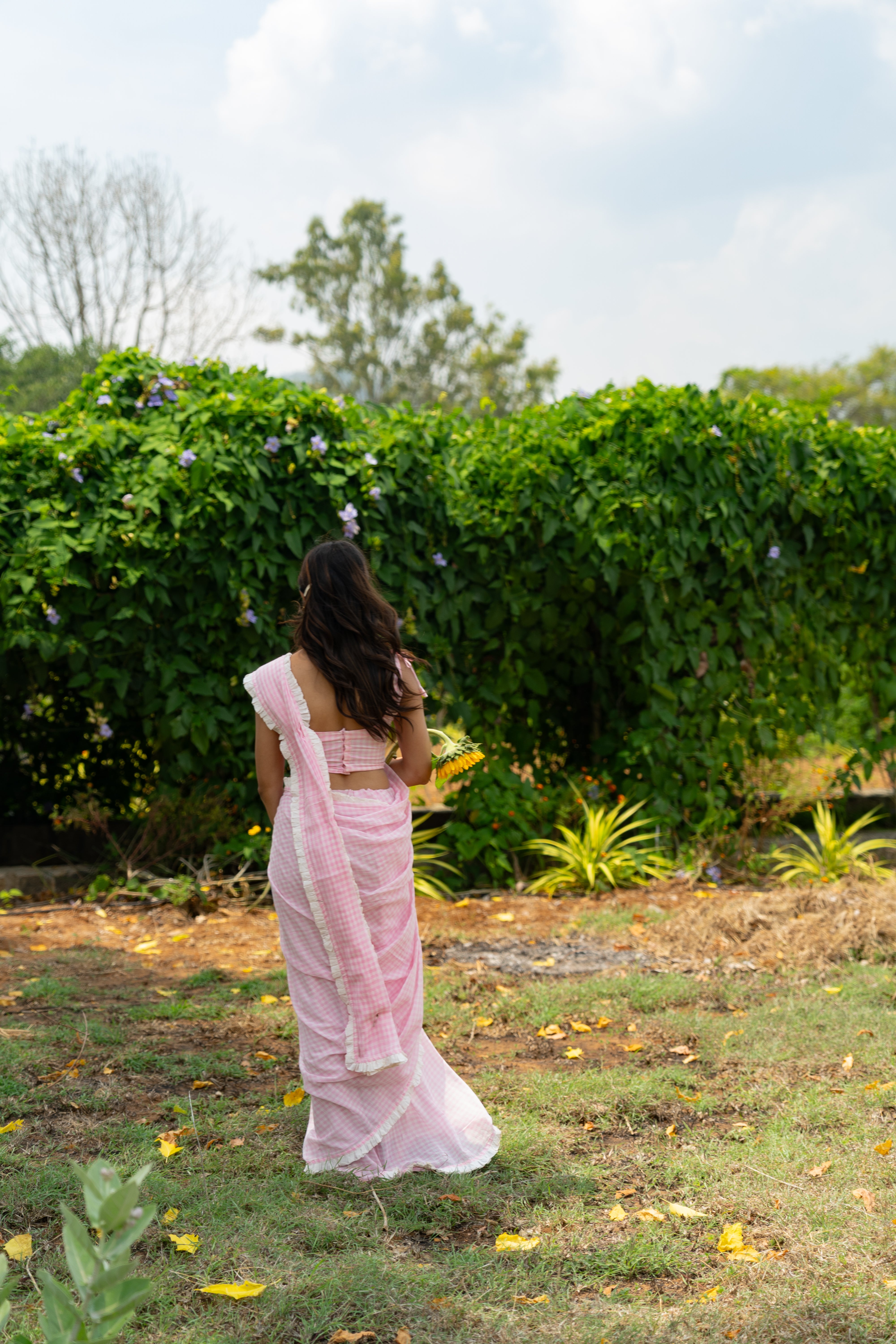 Rose milk checks saree