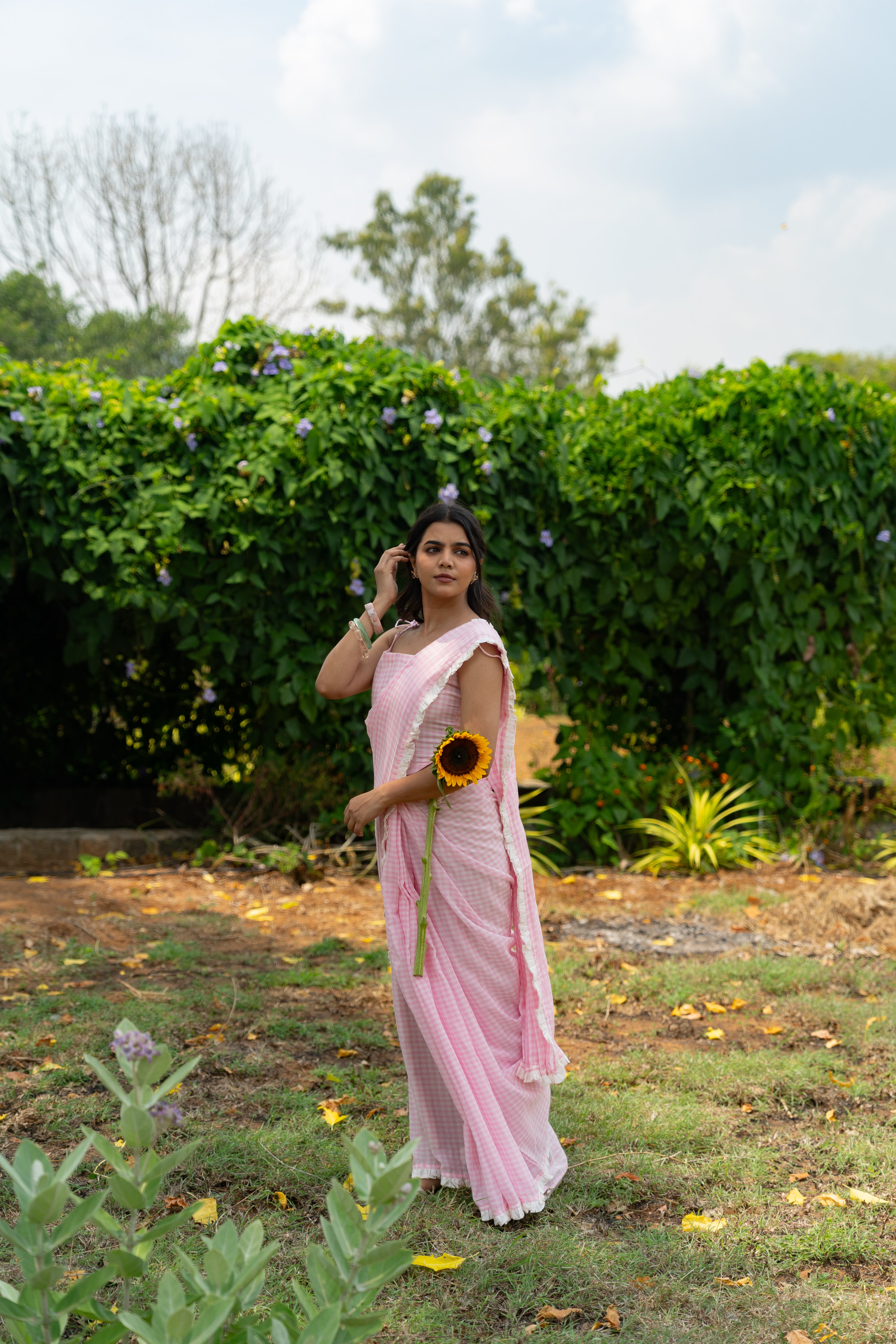 Rose milk checks saree