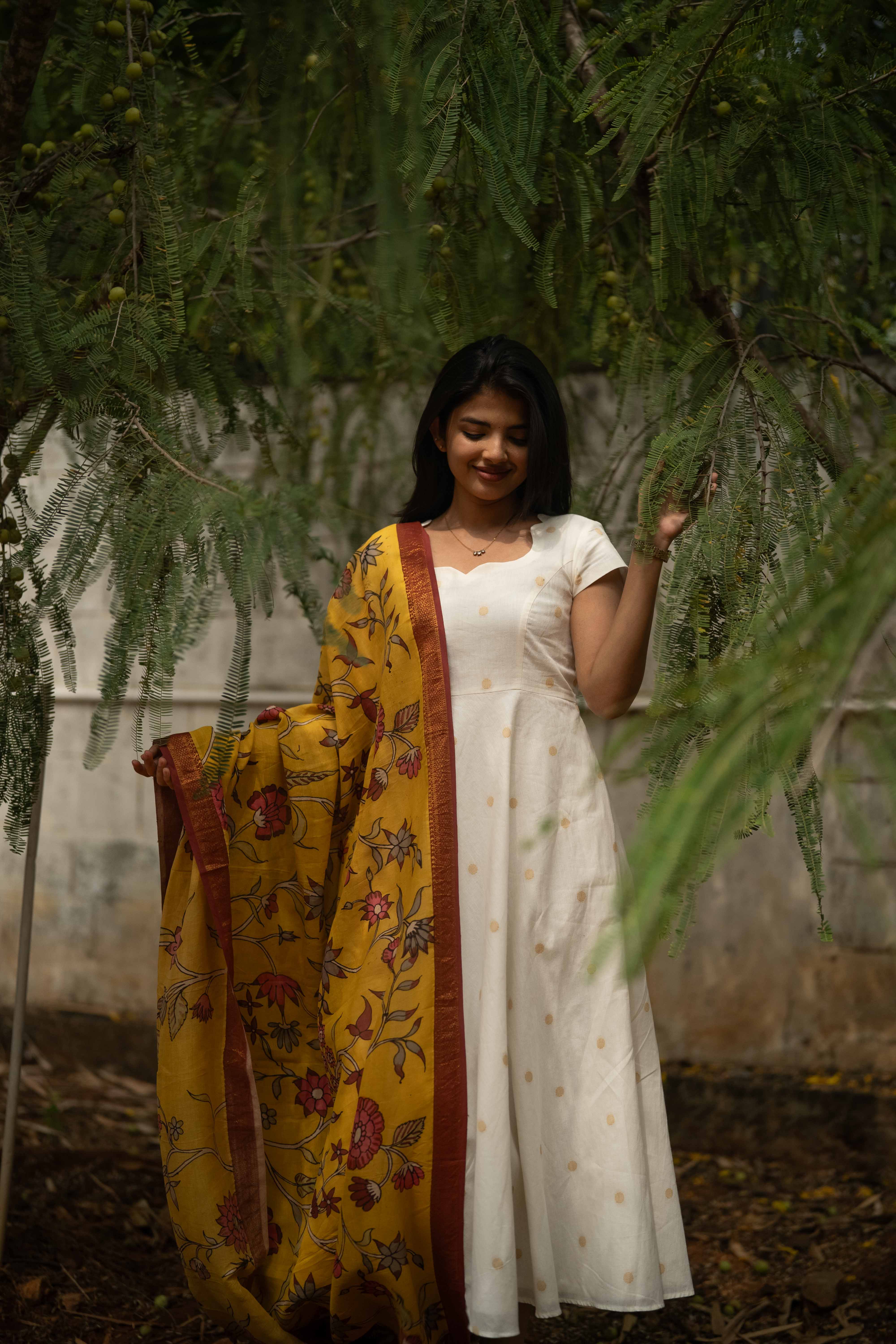 White Anarkali Cotton Top & Mustard Dupatta Set