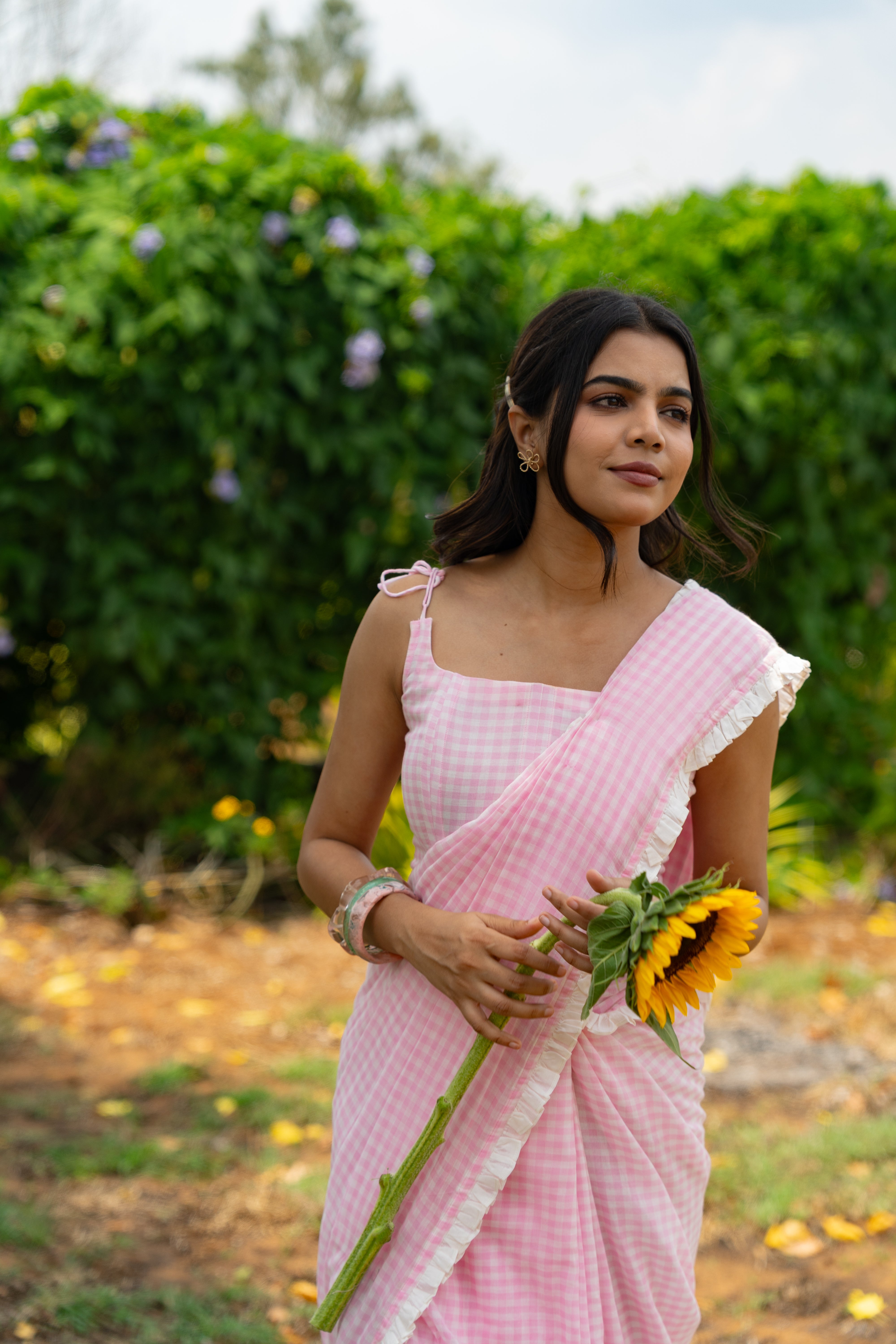 Rose milk checks saree