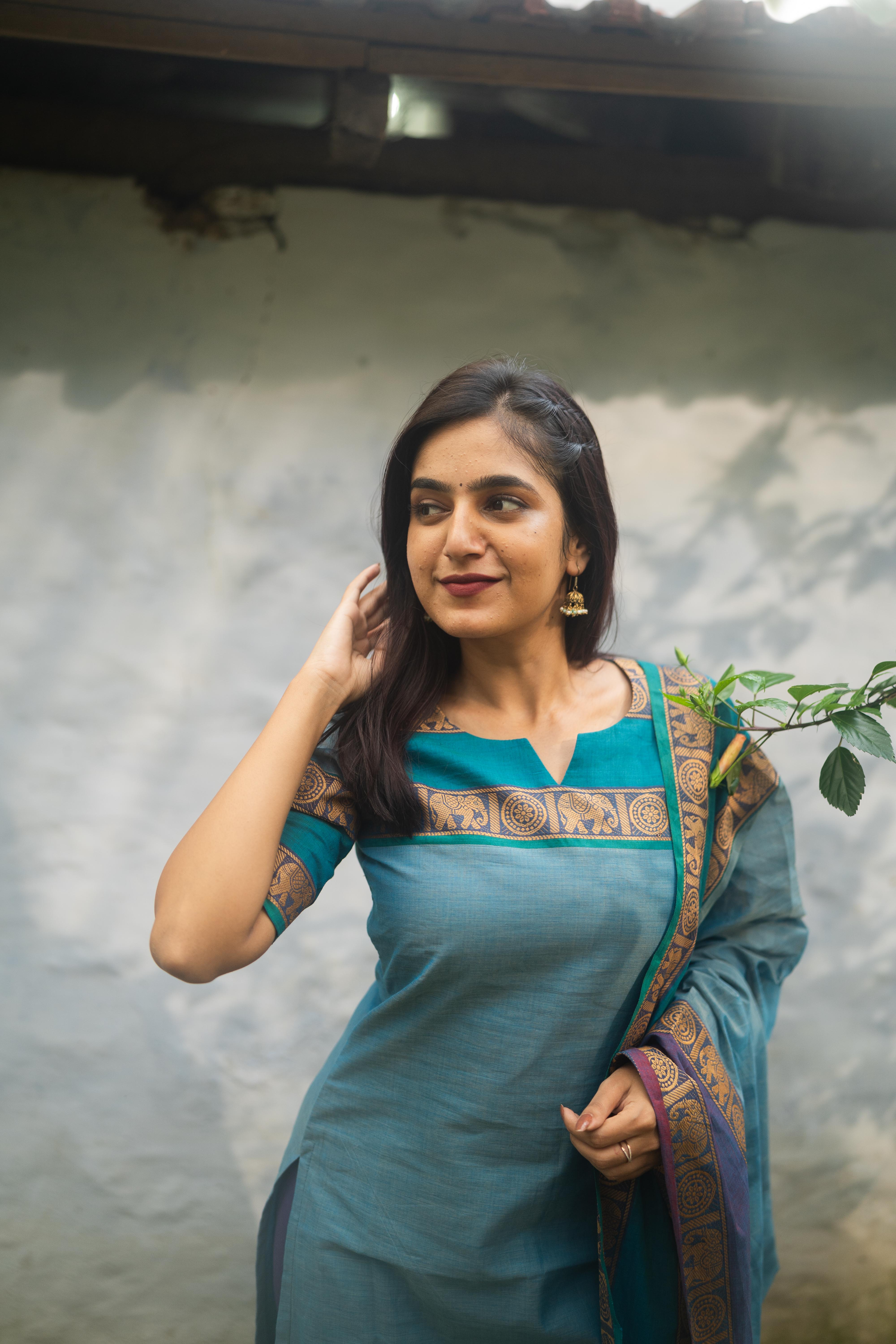 Sky Blue Kanchi Cotton Top with  Dupatta