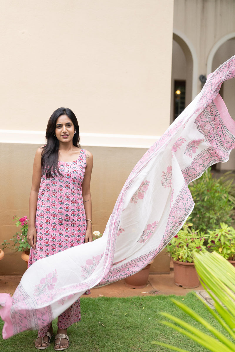 Pink handblock printed suit set