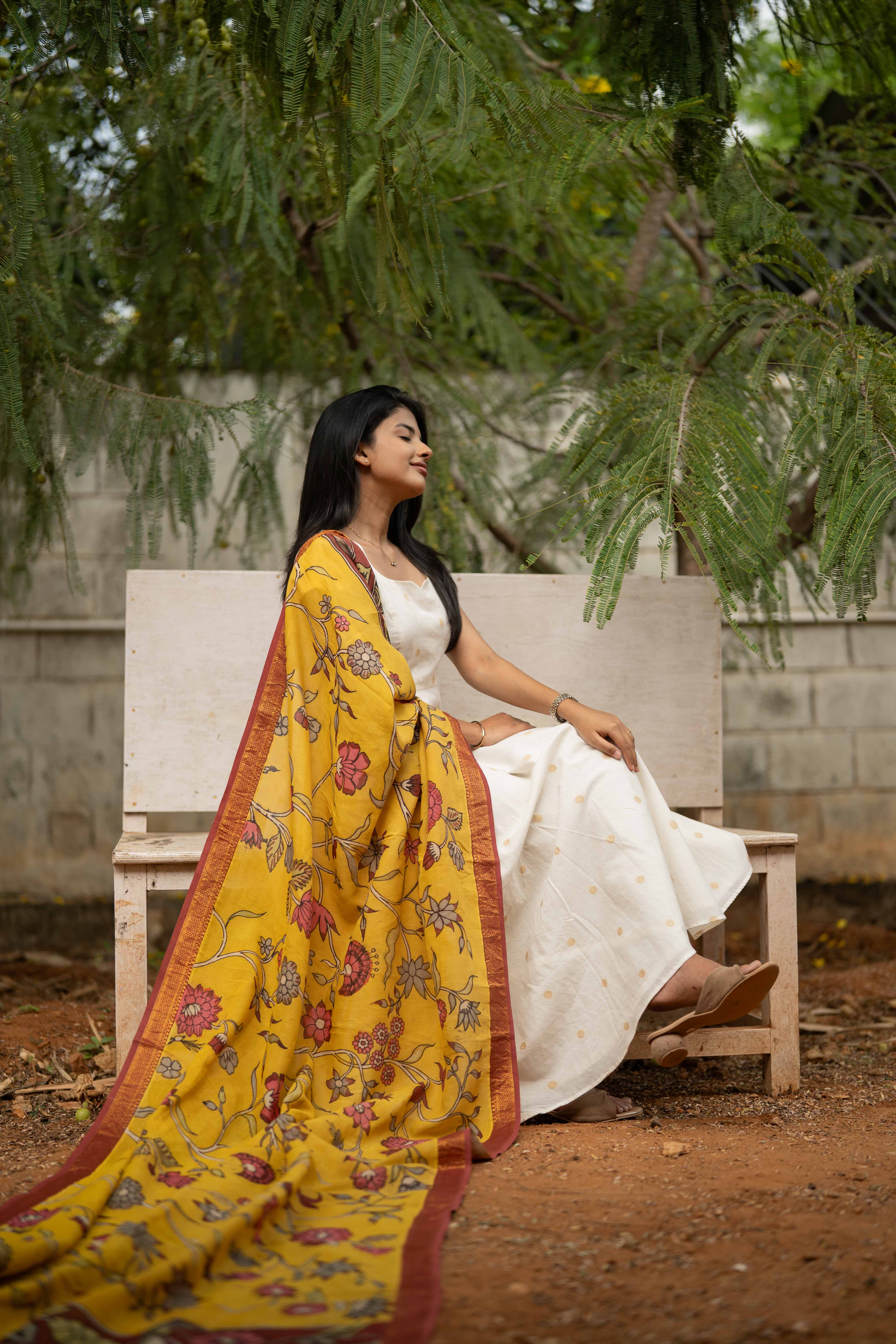 White Anarkali Cotton Top & Mustard Dupatta Set