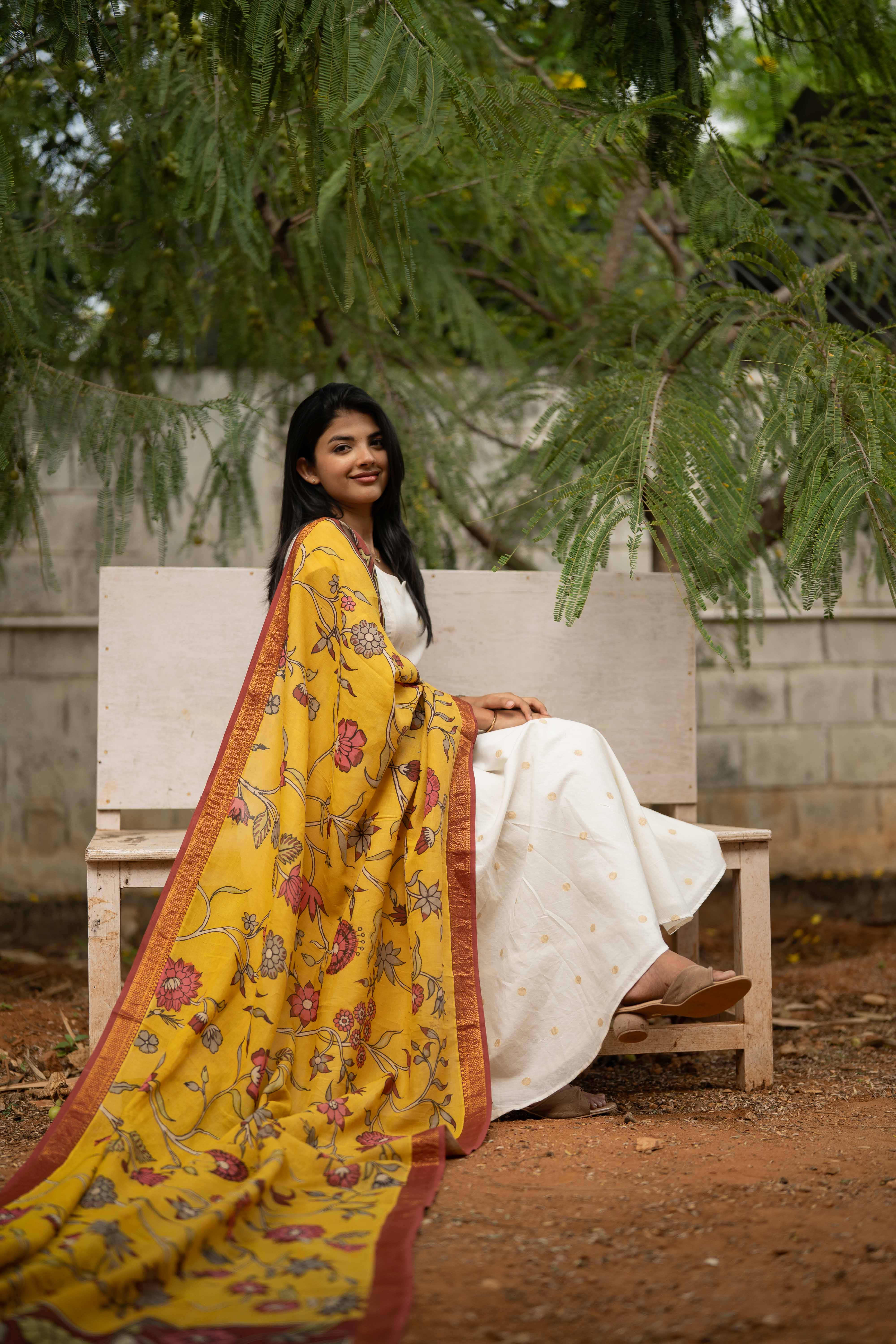 White Anarkali Cotton Top & Mustard Dupatta Set
