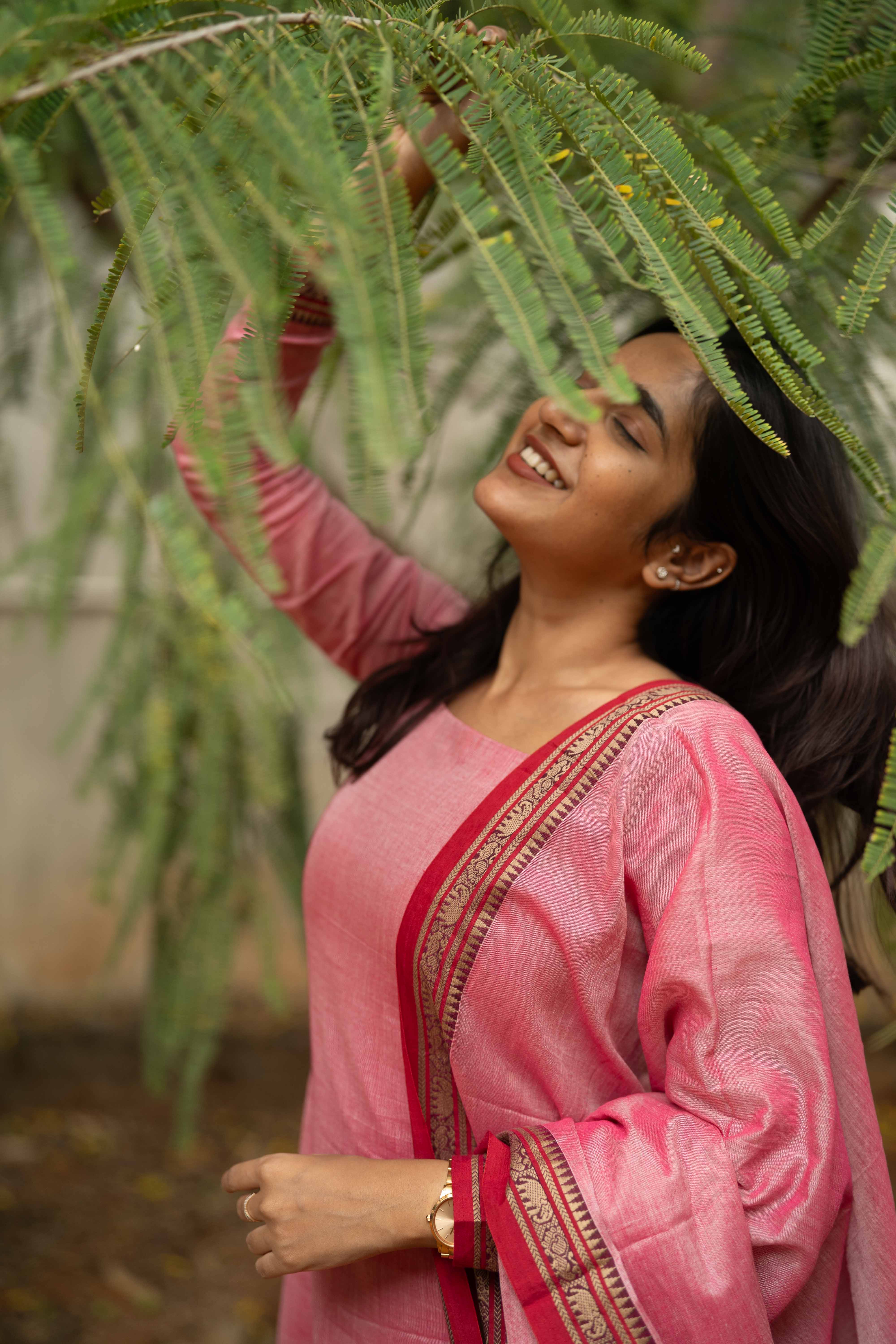 Pink Malar Narayanpet Cotton Top & Dupatta Set