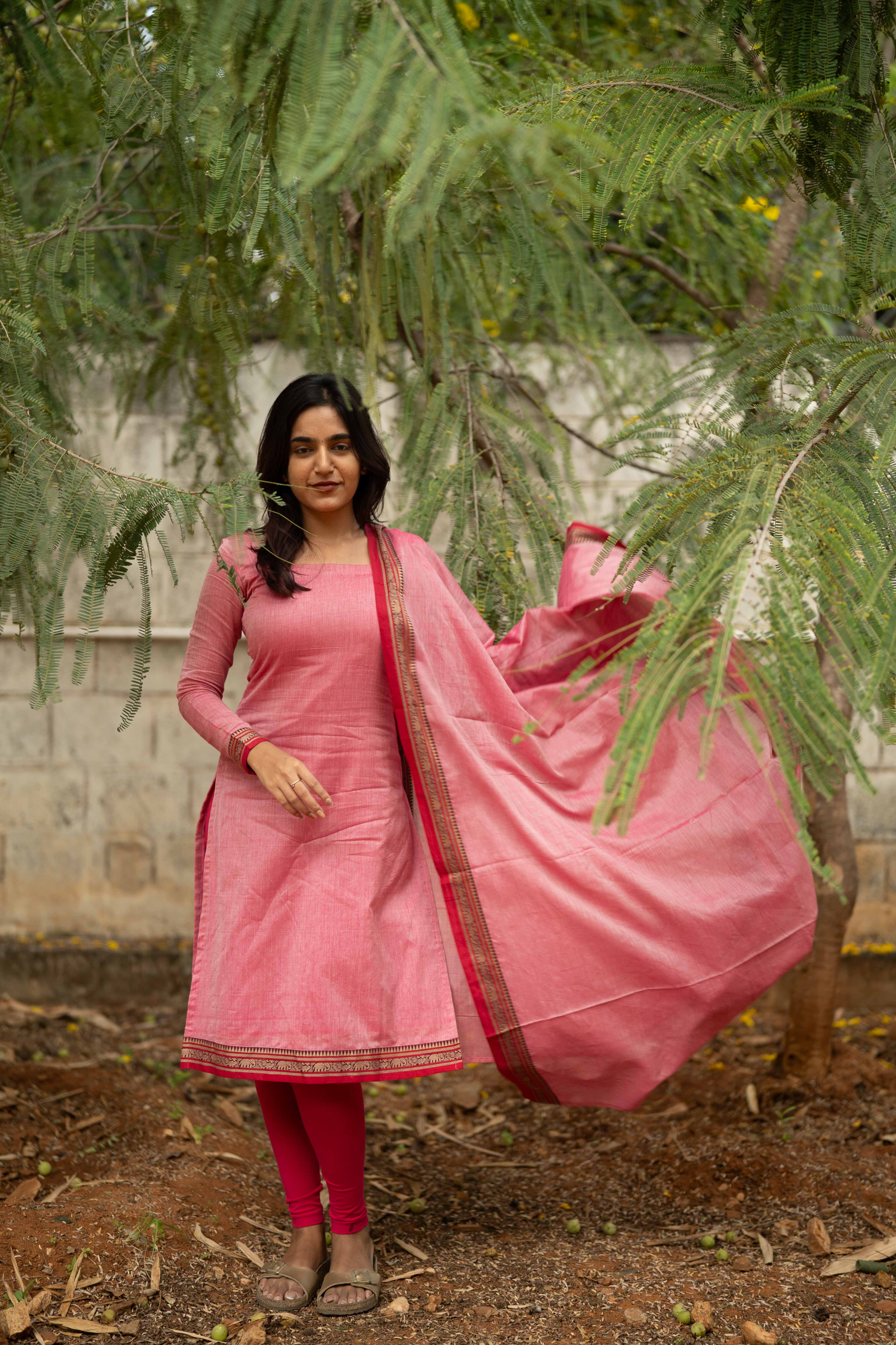 Pink Malar Narayanpet Cotton Top & Dupatta Set