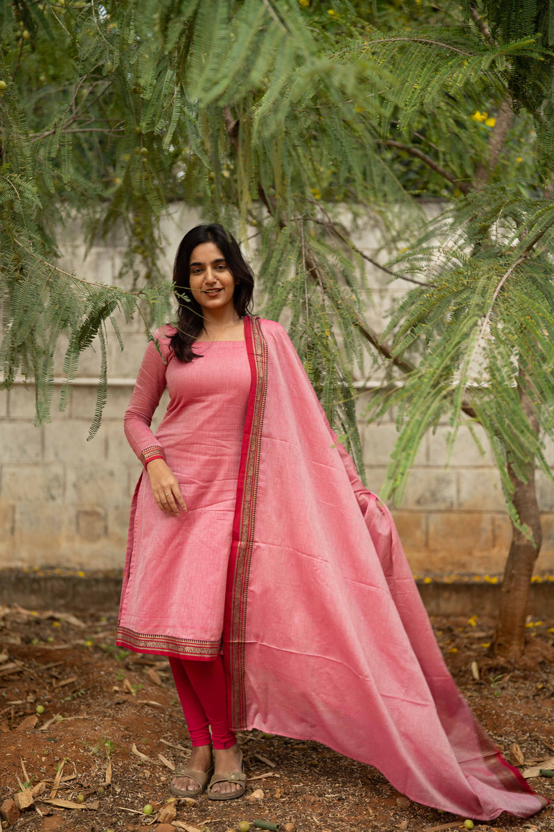 Pink Malar Narayanpet Cotton Top & Dupatta Set
