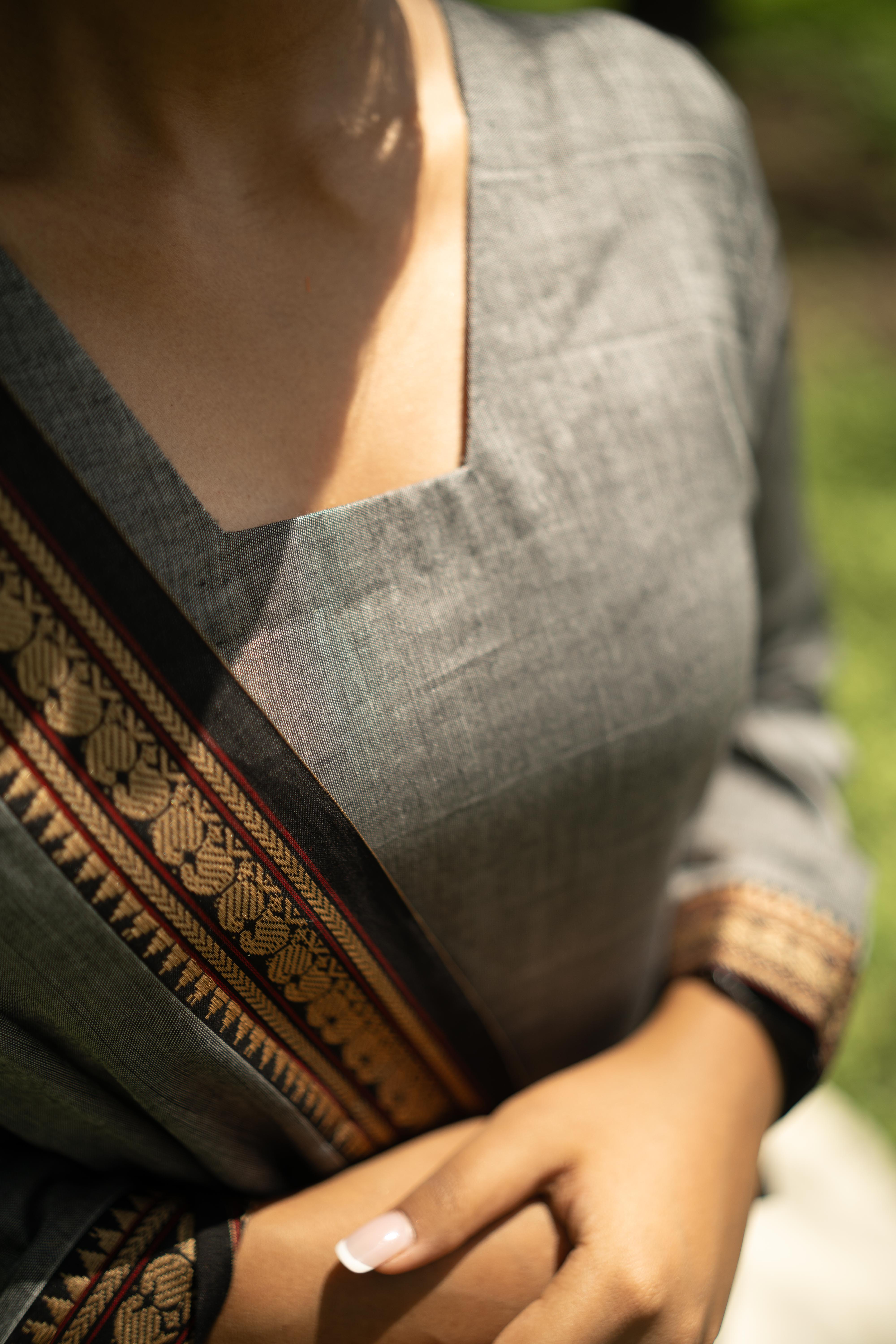 Grey Malar Narayanpet Cotton Top & Dupatta Set