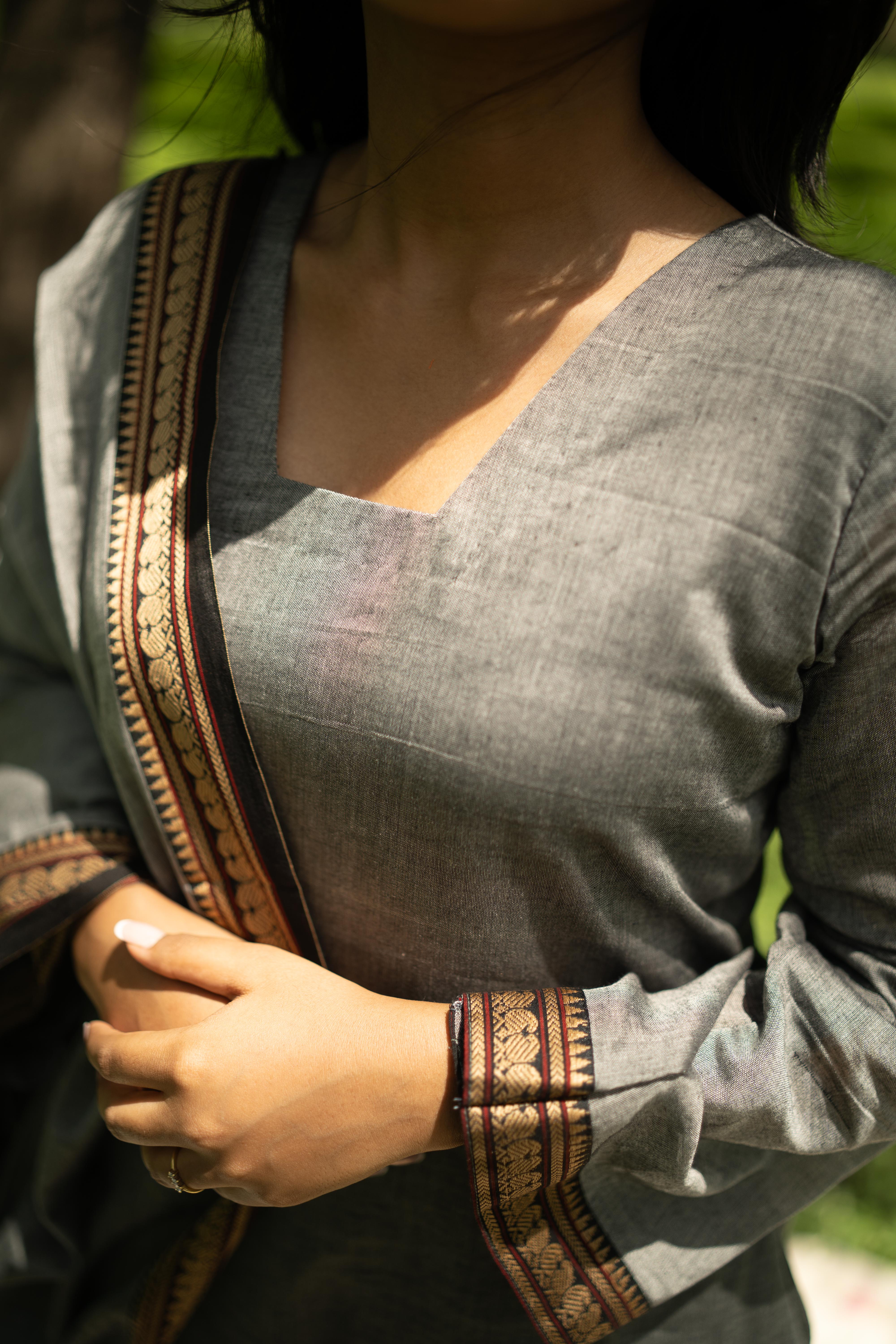 Grey Malar Narayanpet Cotton Top & Dupatta Set