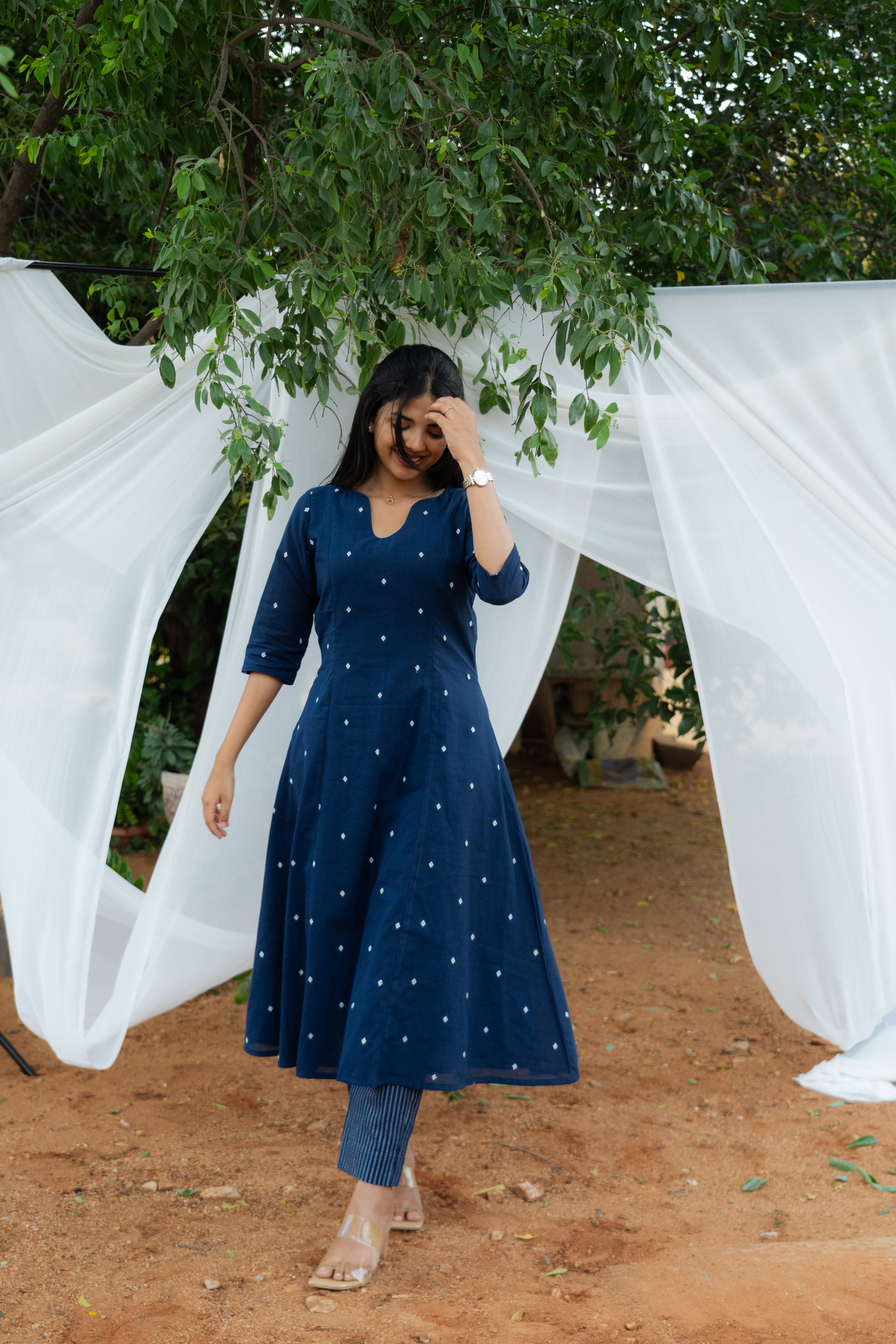 Midnight Dot Pure Cotton Flare Kurti And Stripes Pant