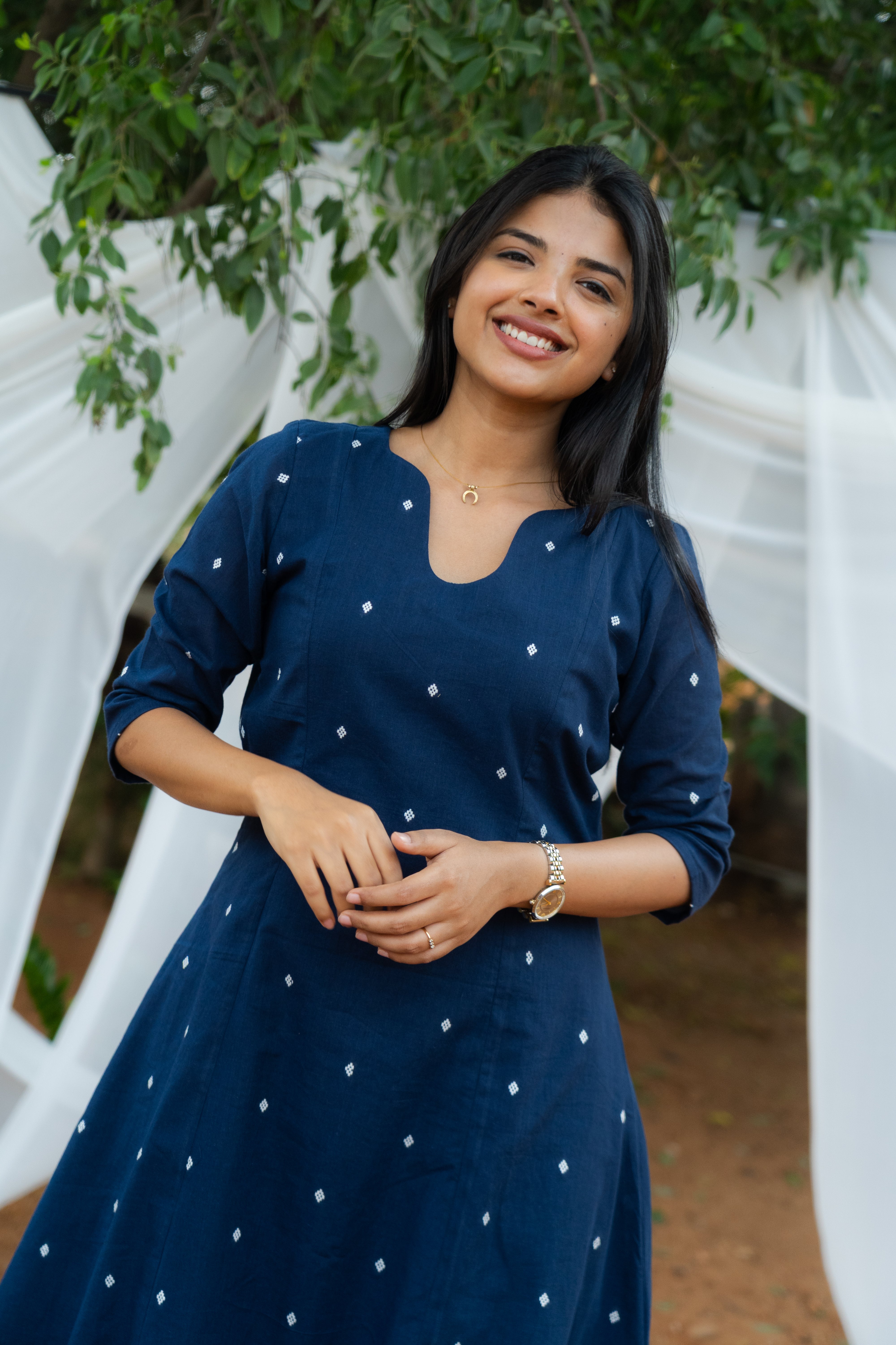 Midnight Dot Pure Cotton Flare Kurti And Stripes Pant