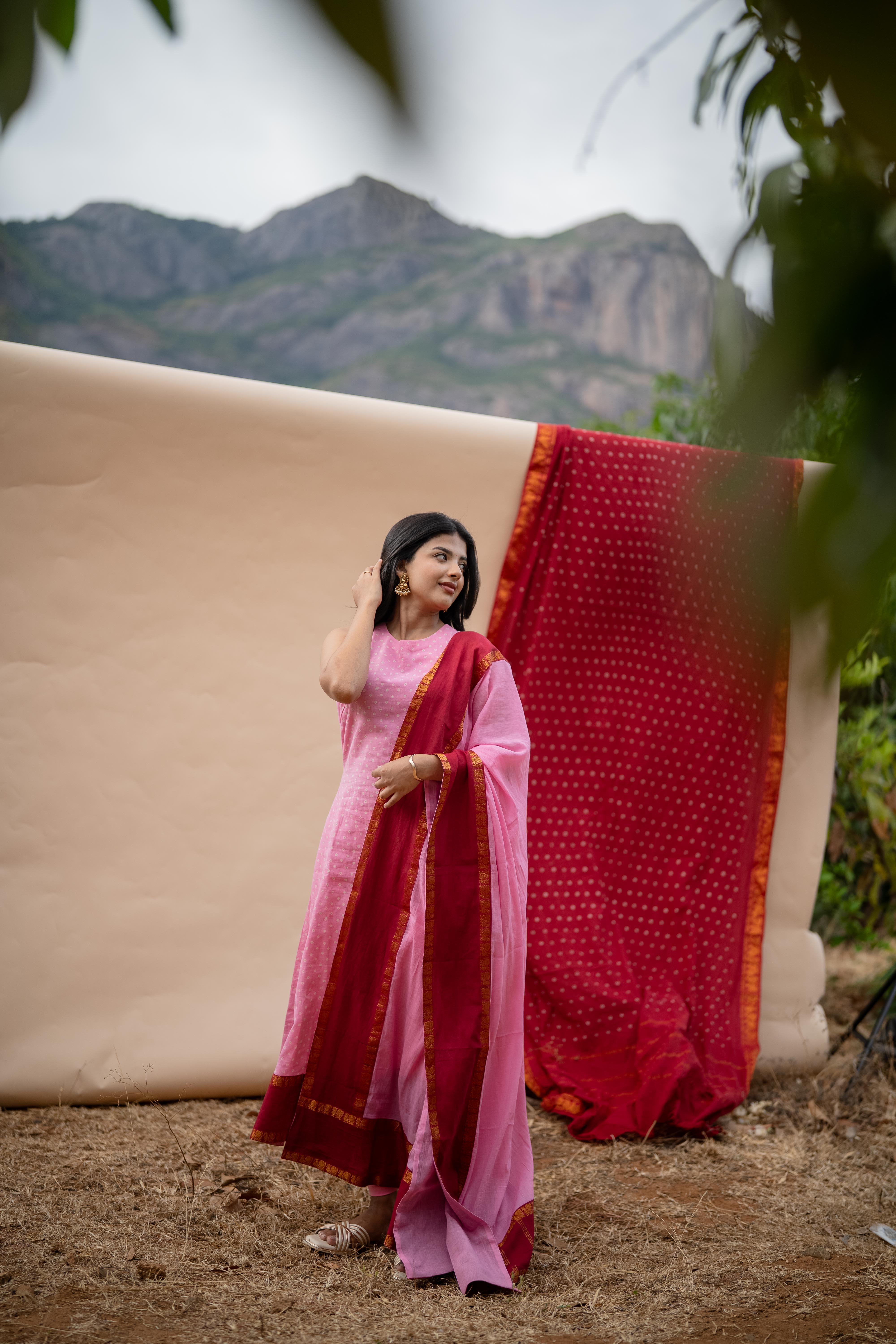 Crimson Rose Sungudi Salwar Set (Top & Dupatta)