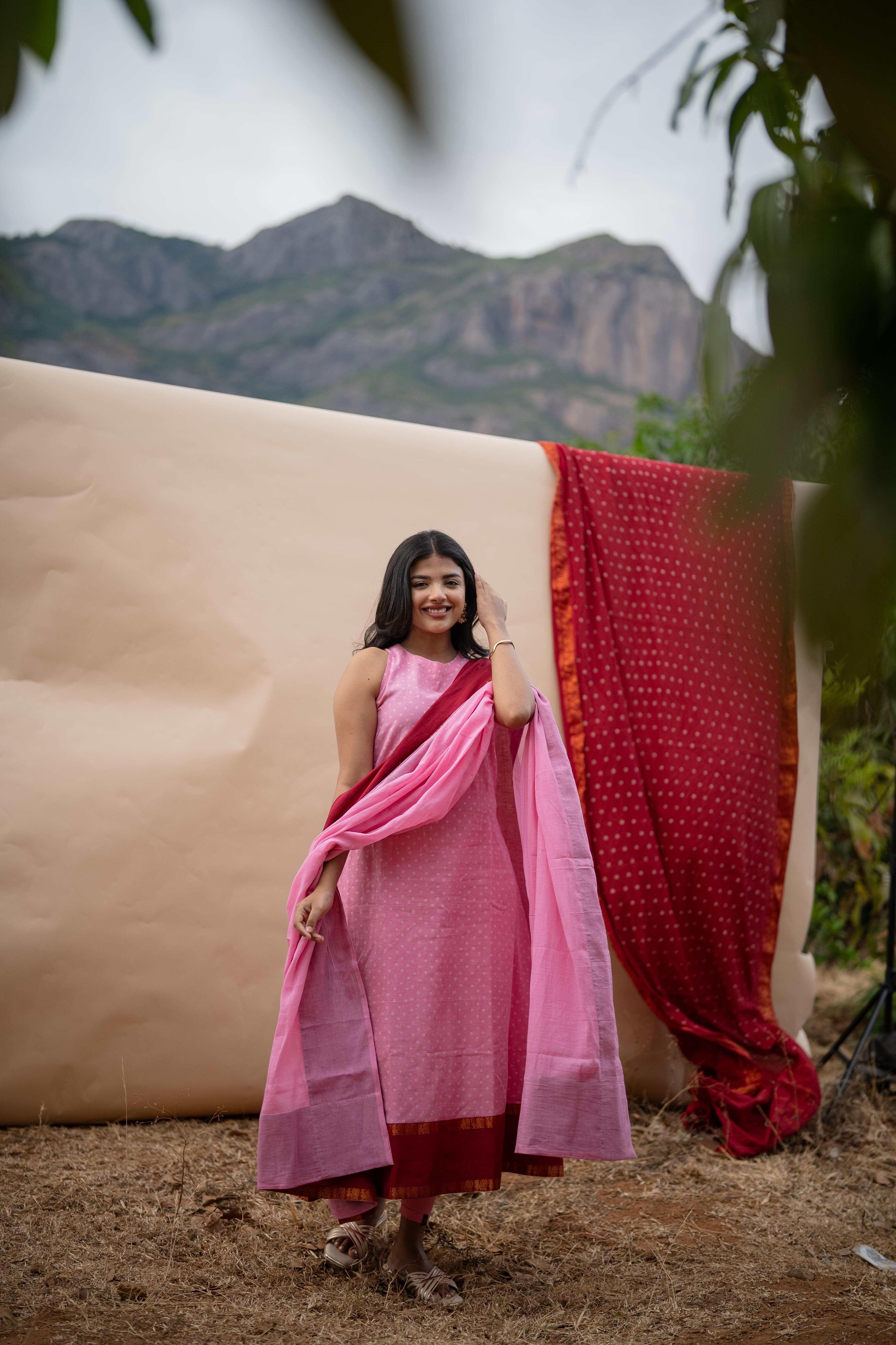 Crimson Rose Sungudi Salwar Set (Top & Dupatta)