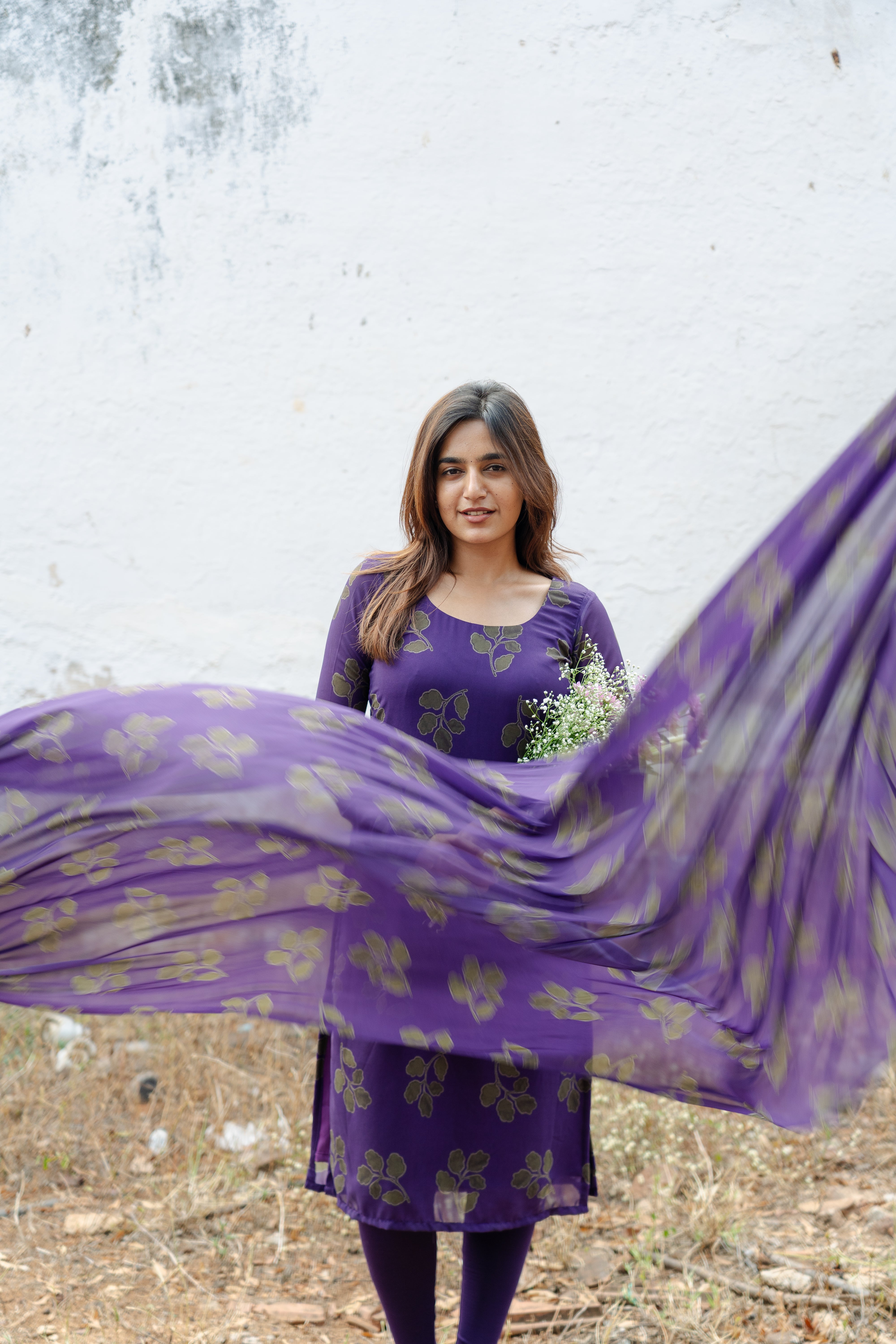 Violet foliage printed Georgette Top & Dupatta