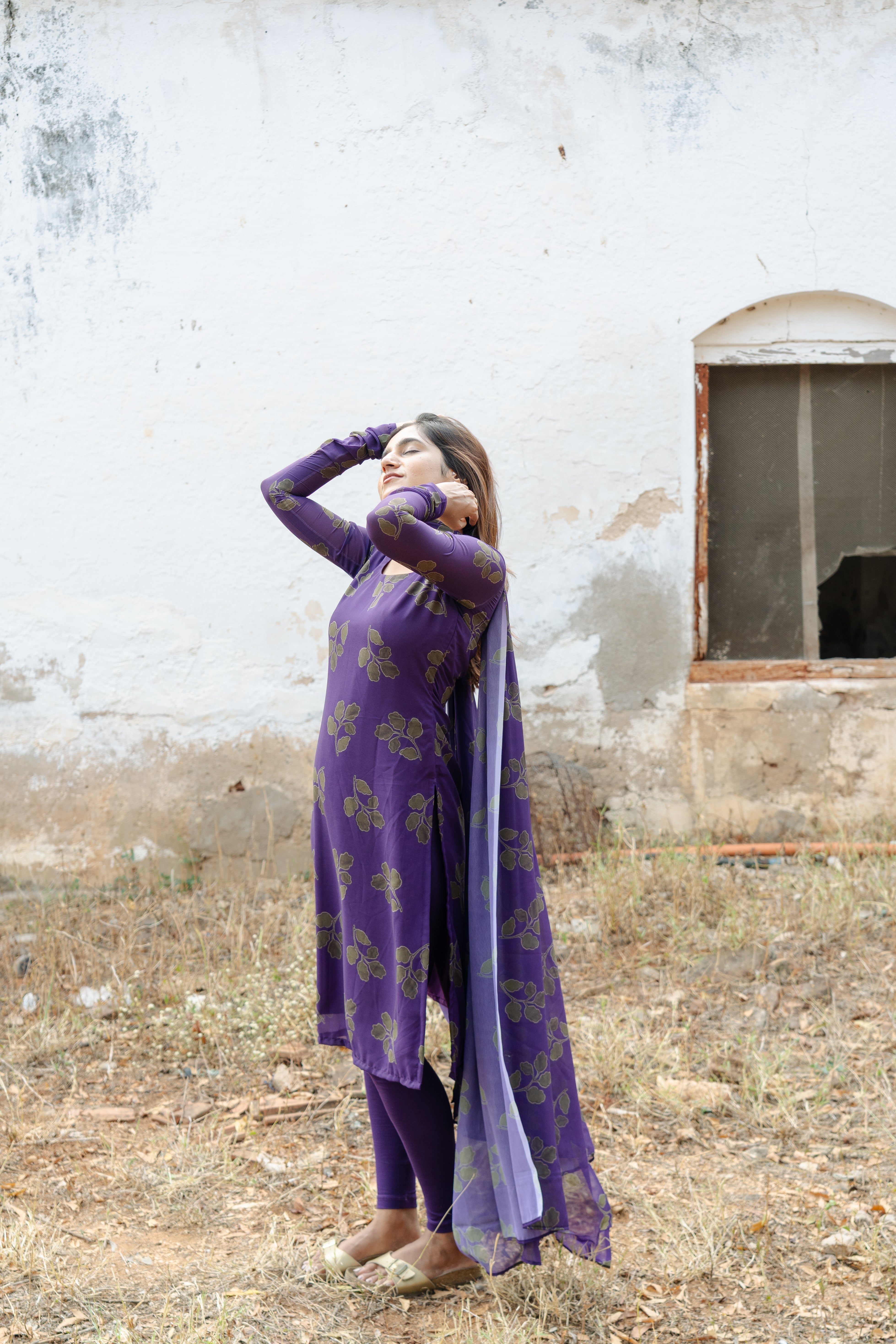 Violet foliage printed Georgette Top & Dupatta