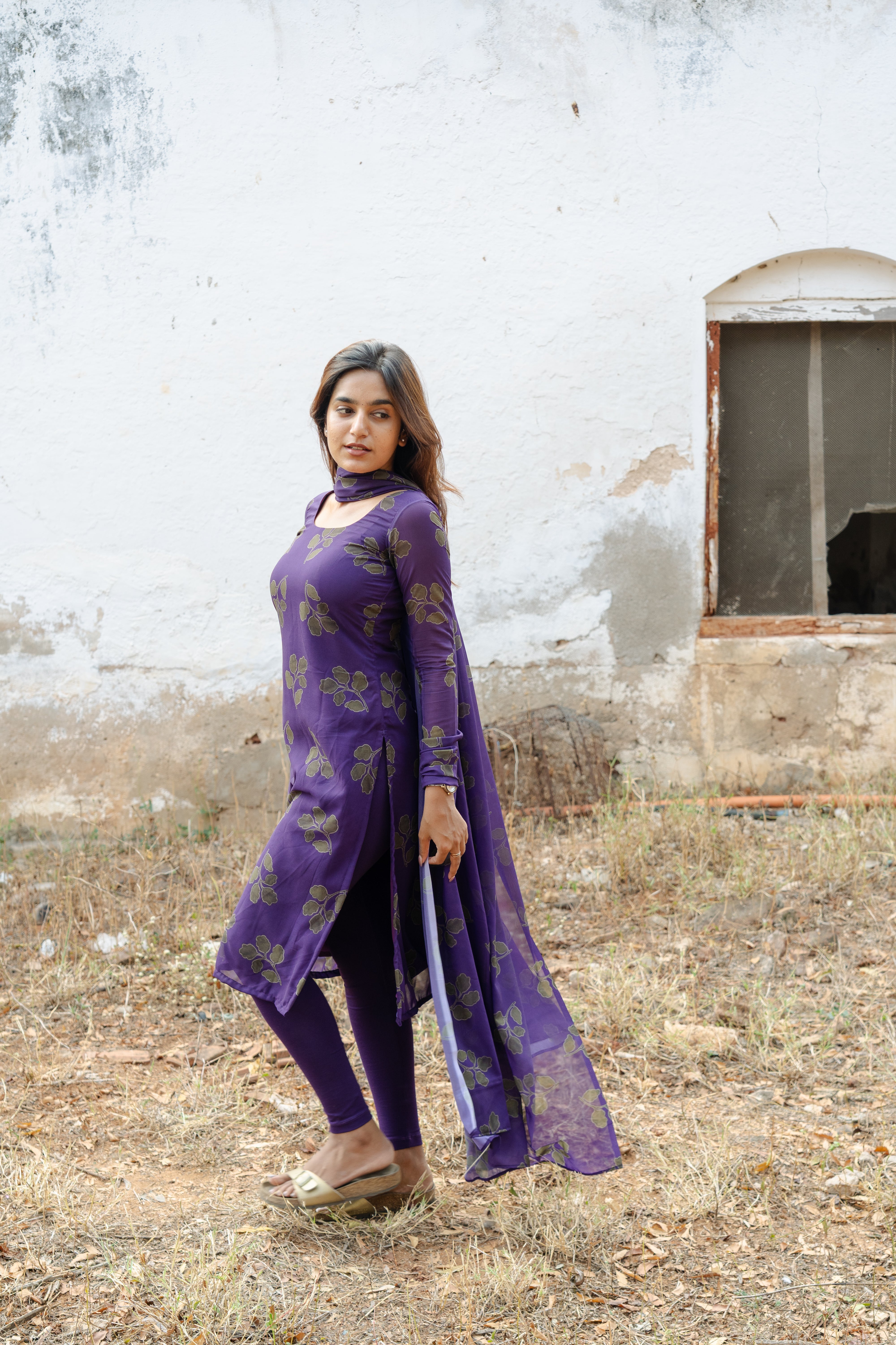 Violet foliage printed Georgette Top & Dupatta