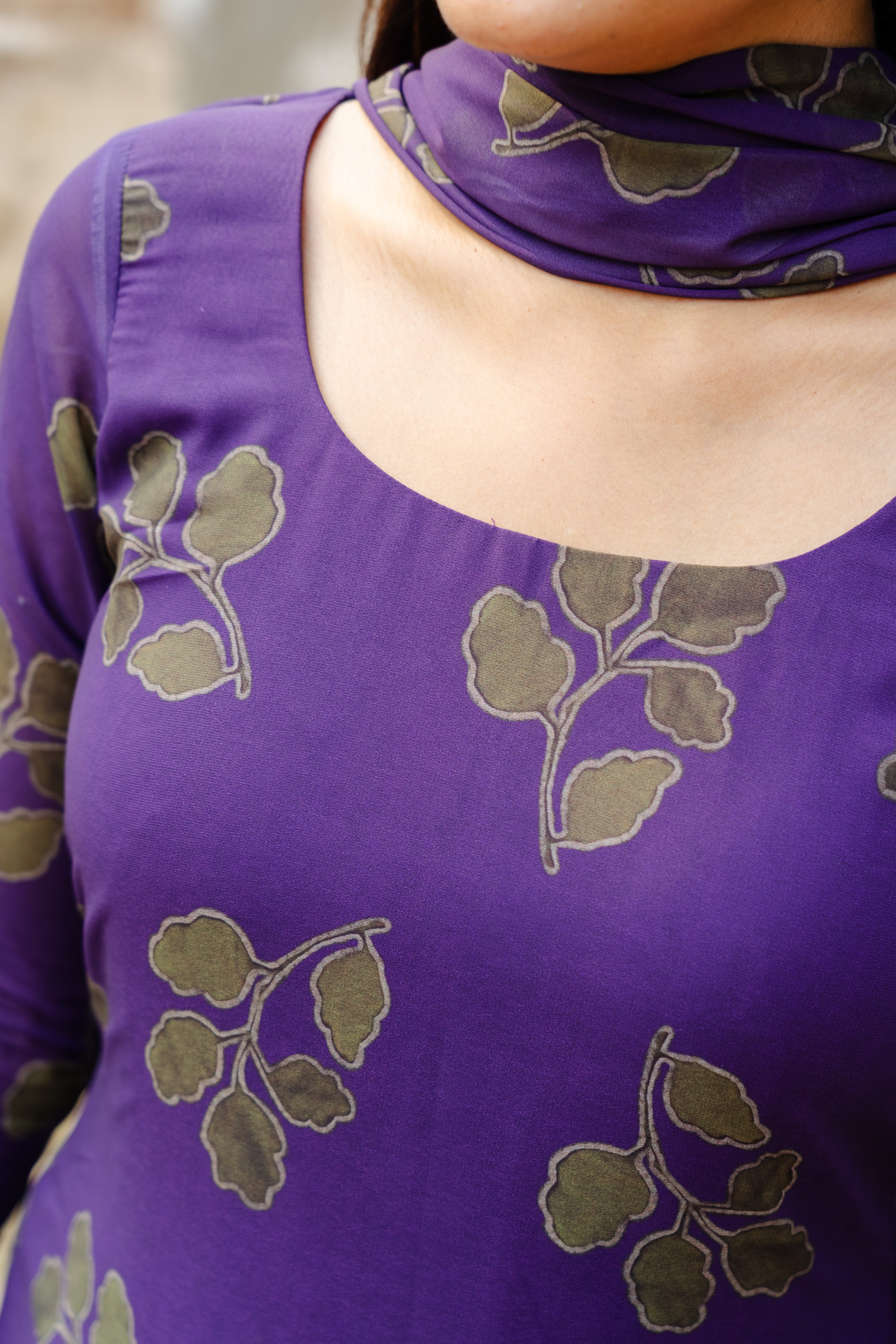 Violet foliage printed Georgette Top & Dupatta
