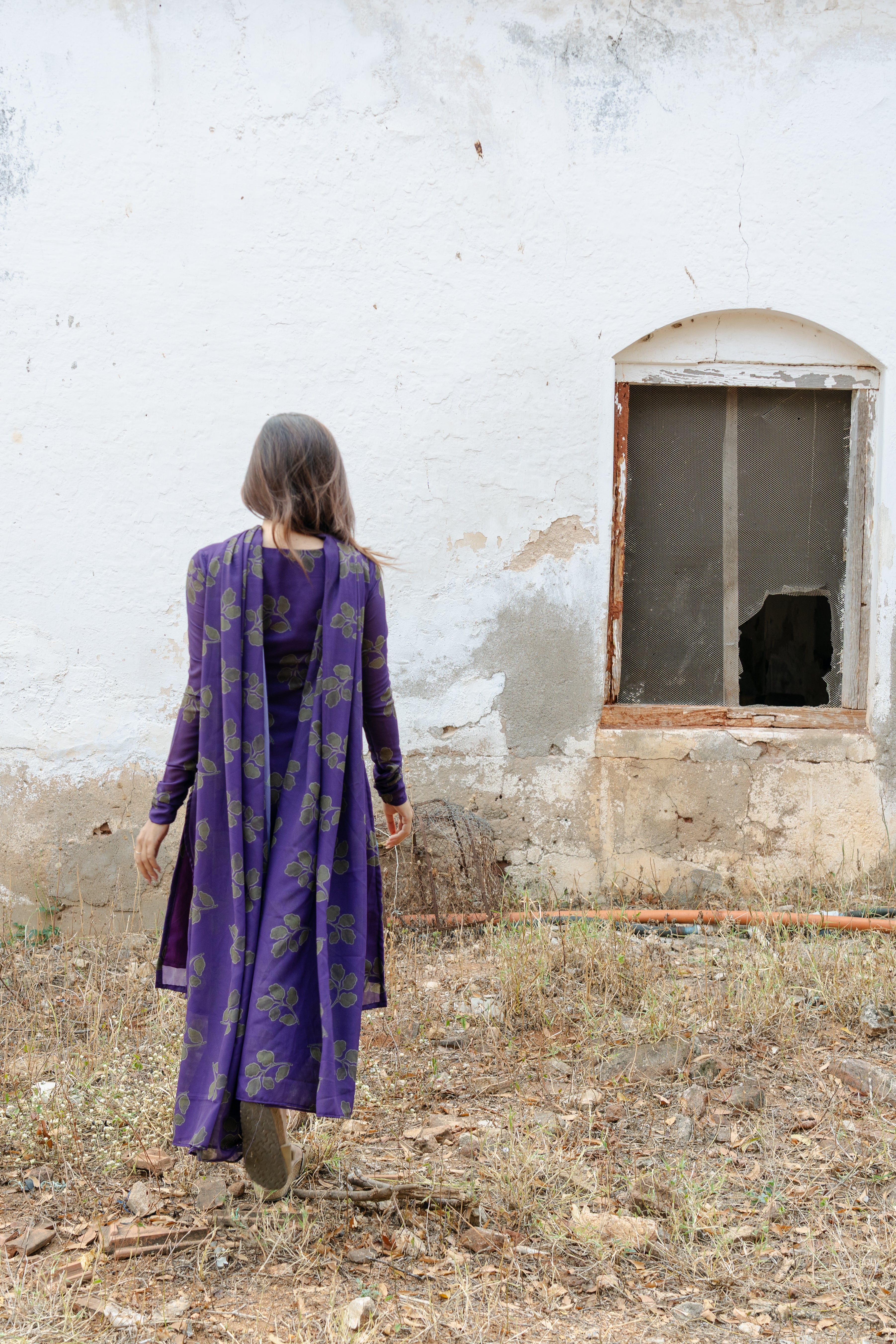 Violet foliage printed Georgette Top & Dupatta