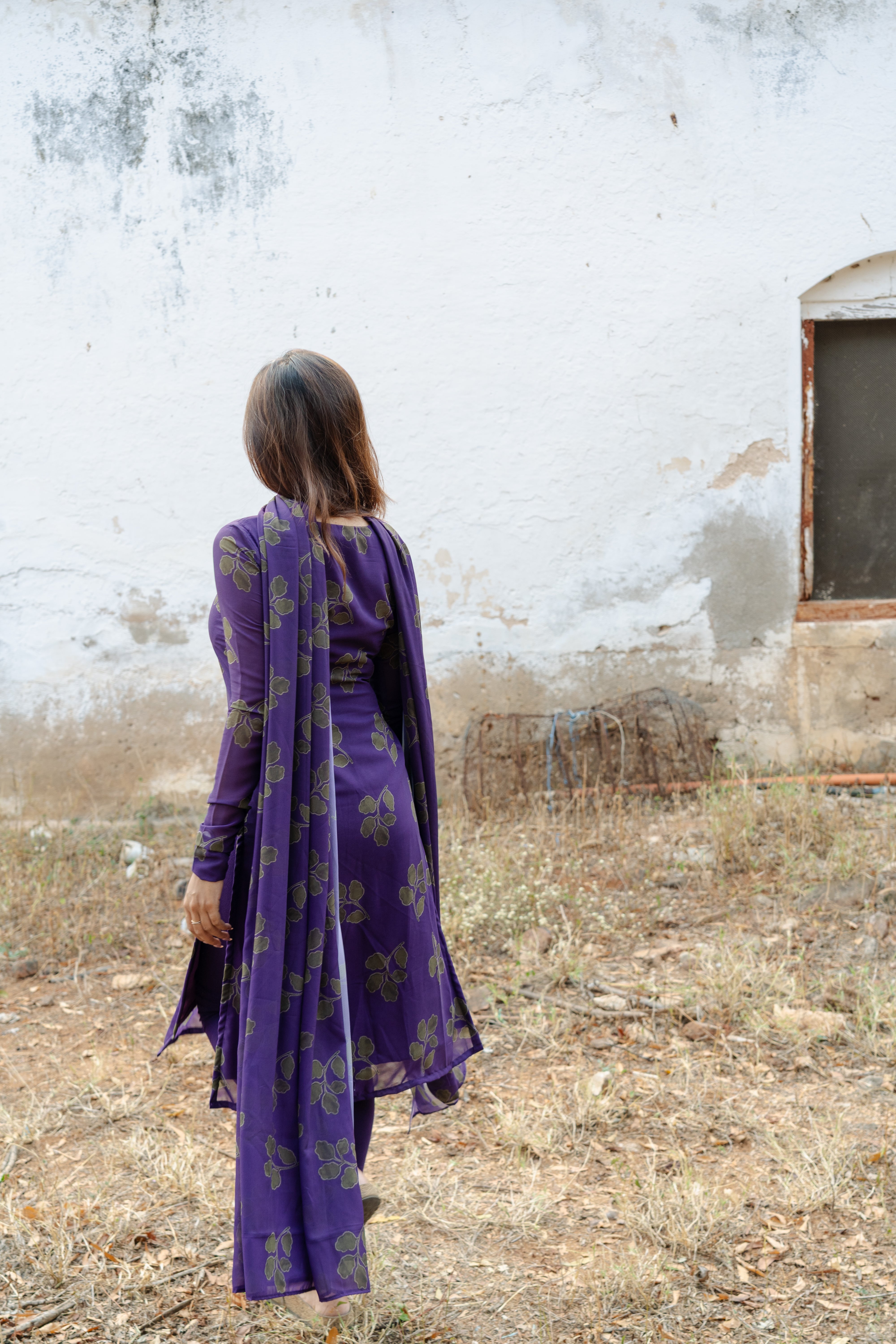 Violet foliage printed Georgette Top & Dupatta