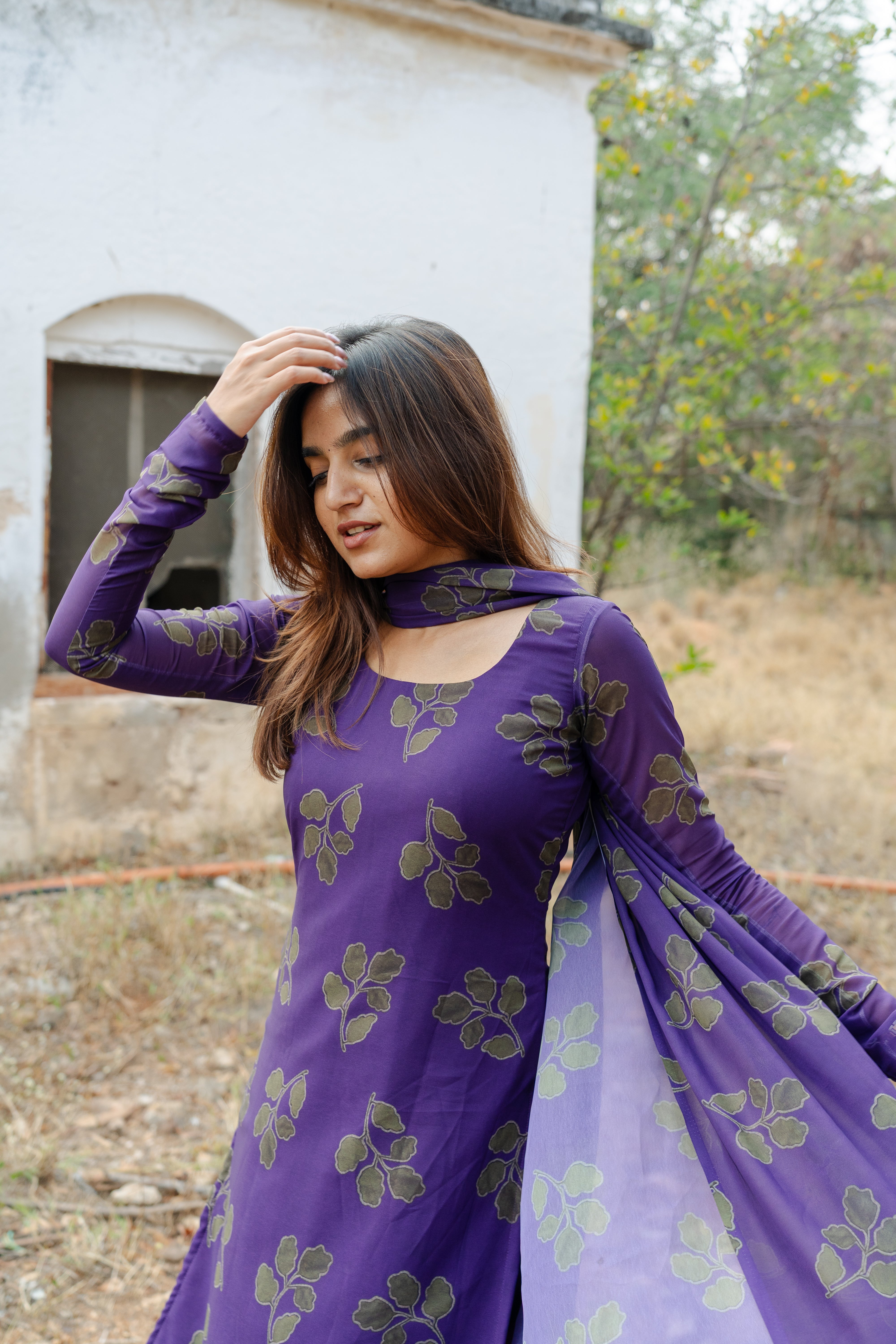 Violet foliage printed Georgette Top & Dupatta