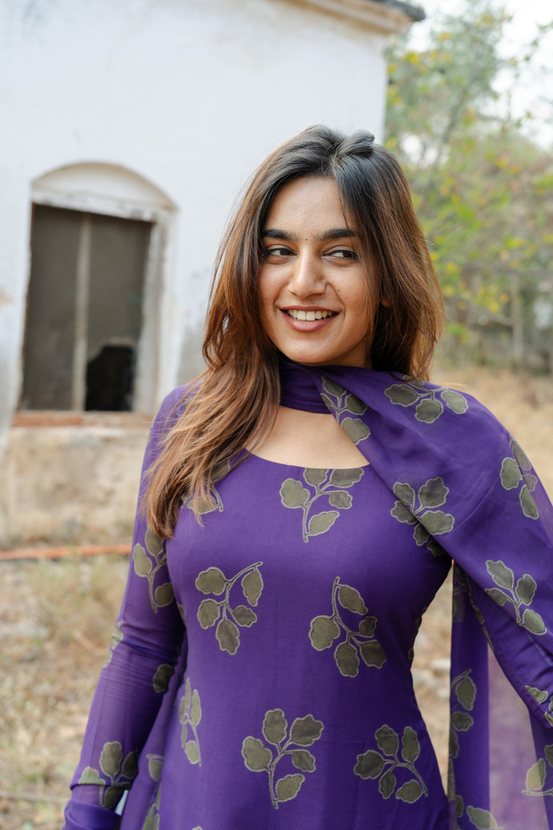 Violet foliage printed Georgette Top & Dupatta