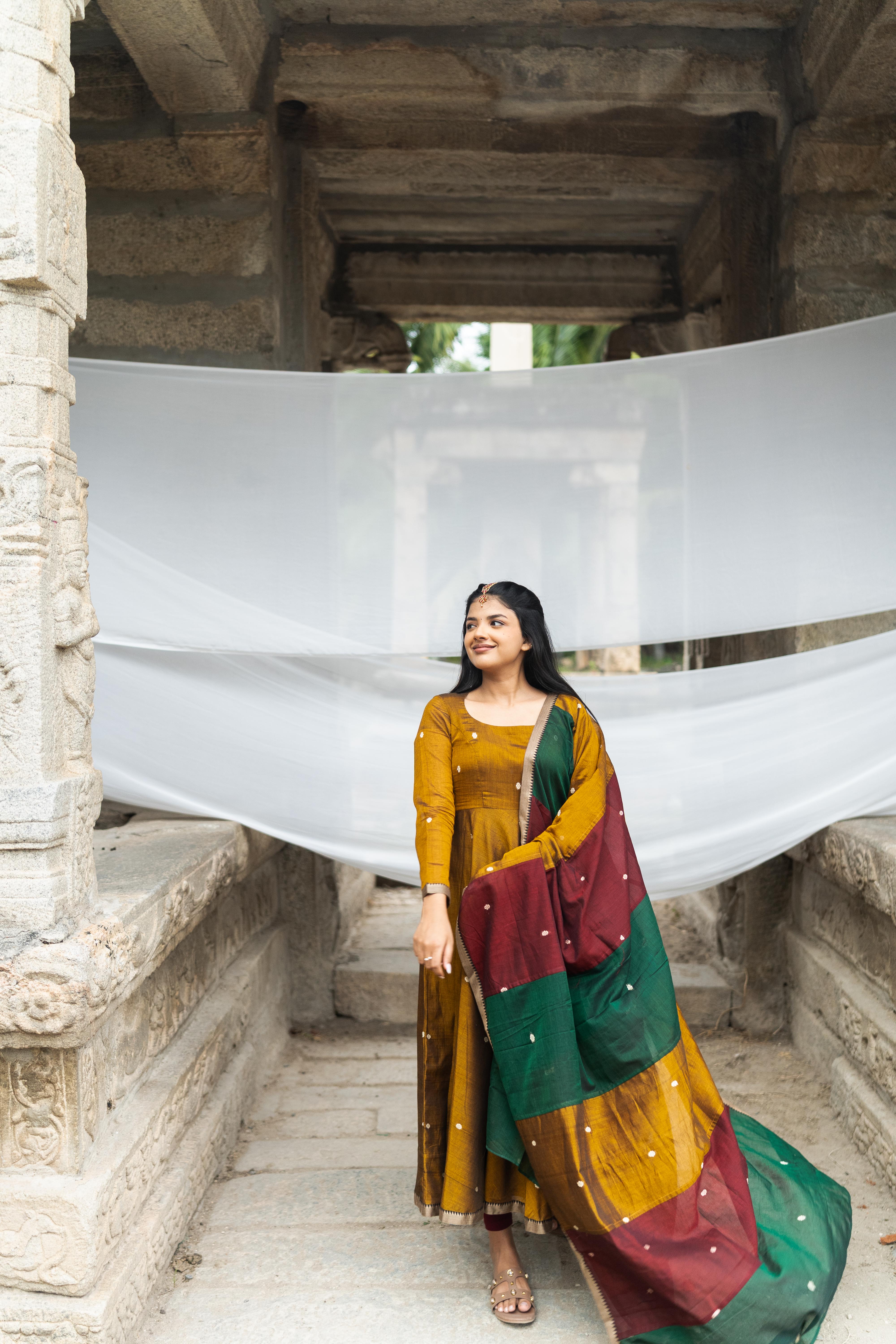 Mustard gold with multi colour dupatta Anarkali set