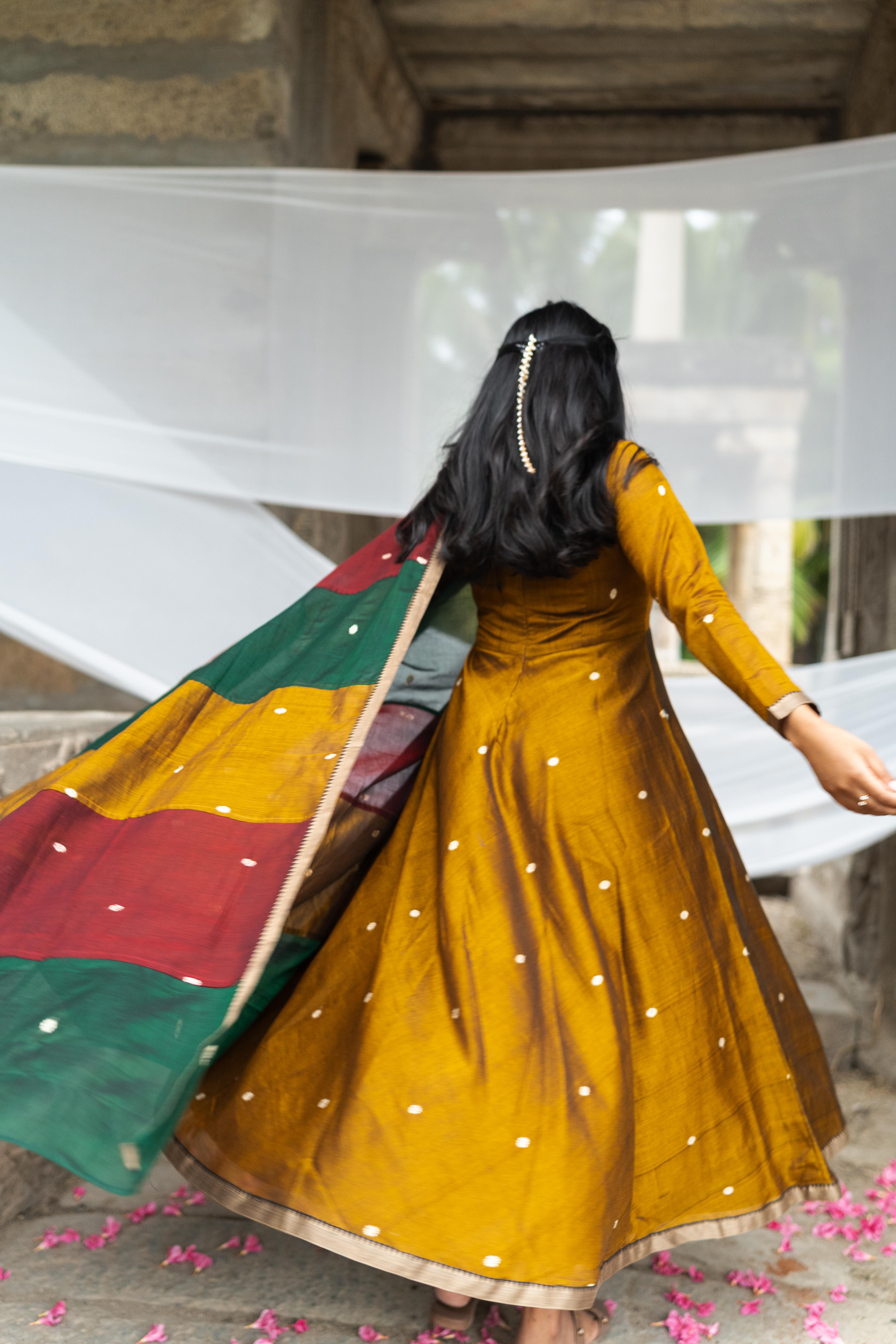 Mustard gold with multi colour dupatta Anarkali set