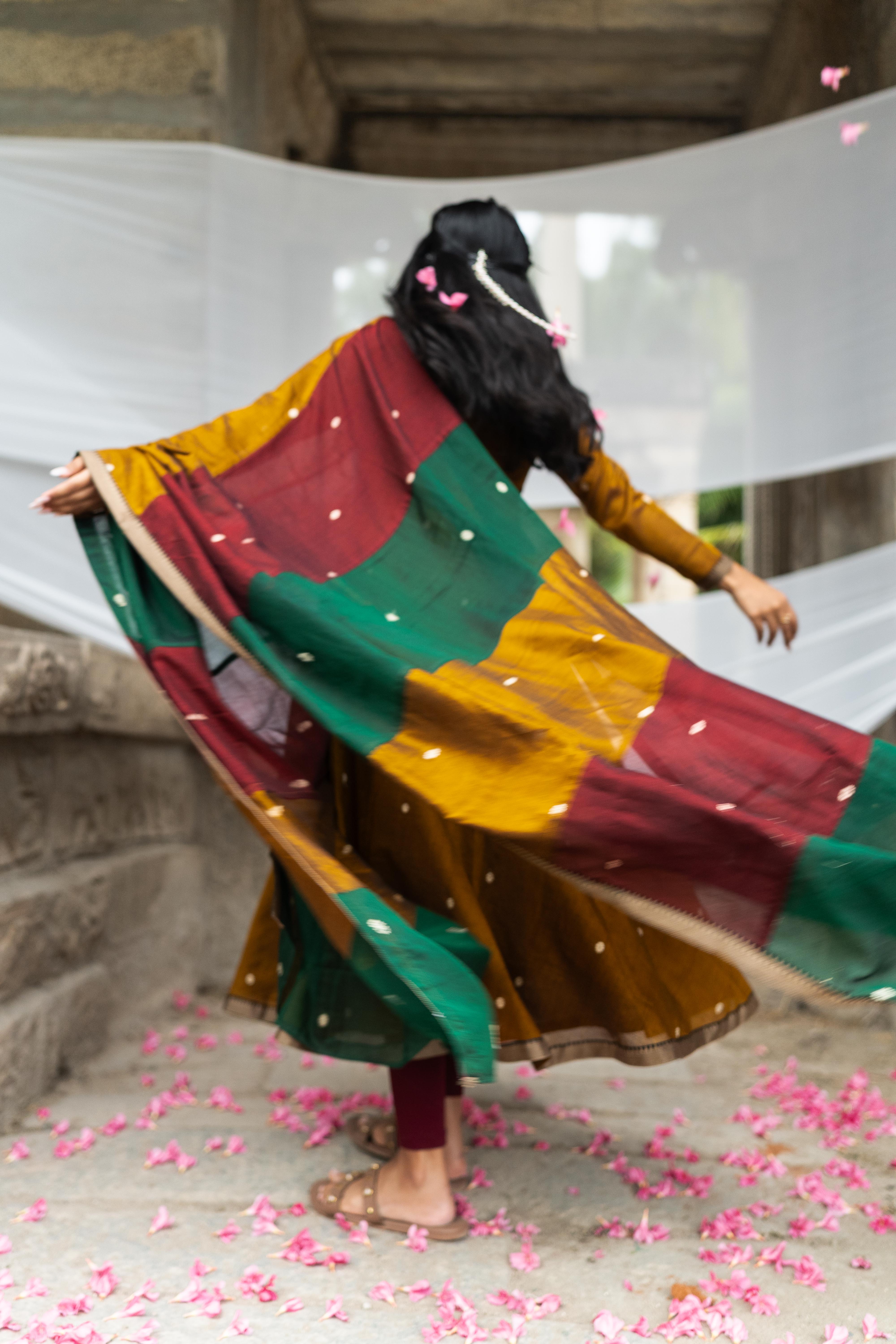 Mustard gold with multi colour dupatta Anarkali set