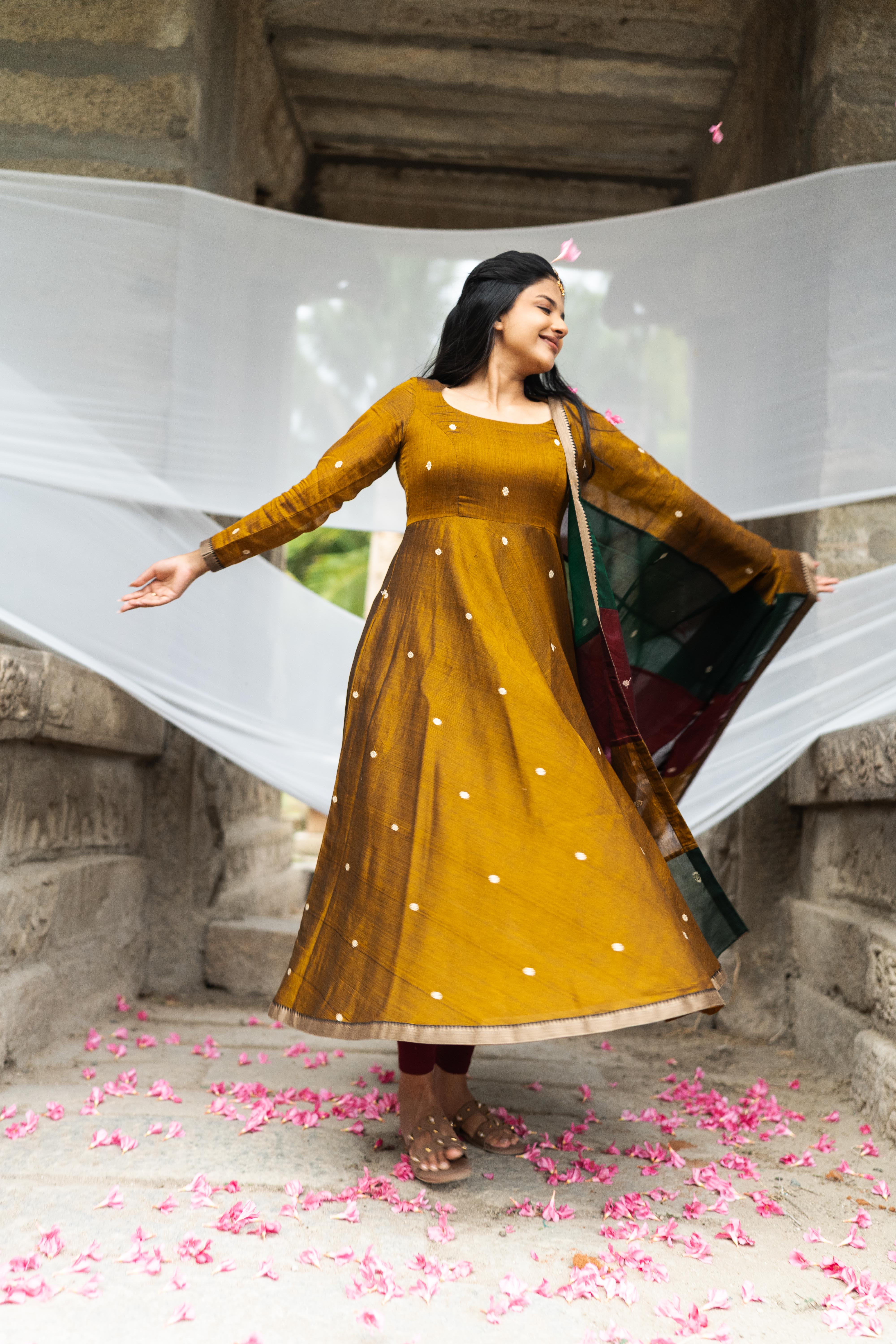 Mustard gold with multi colour dupatta Anarkali set