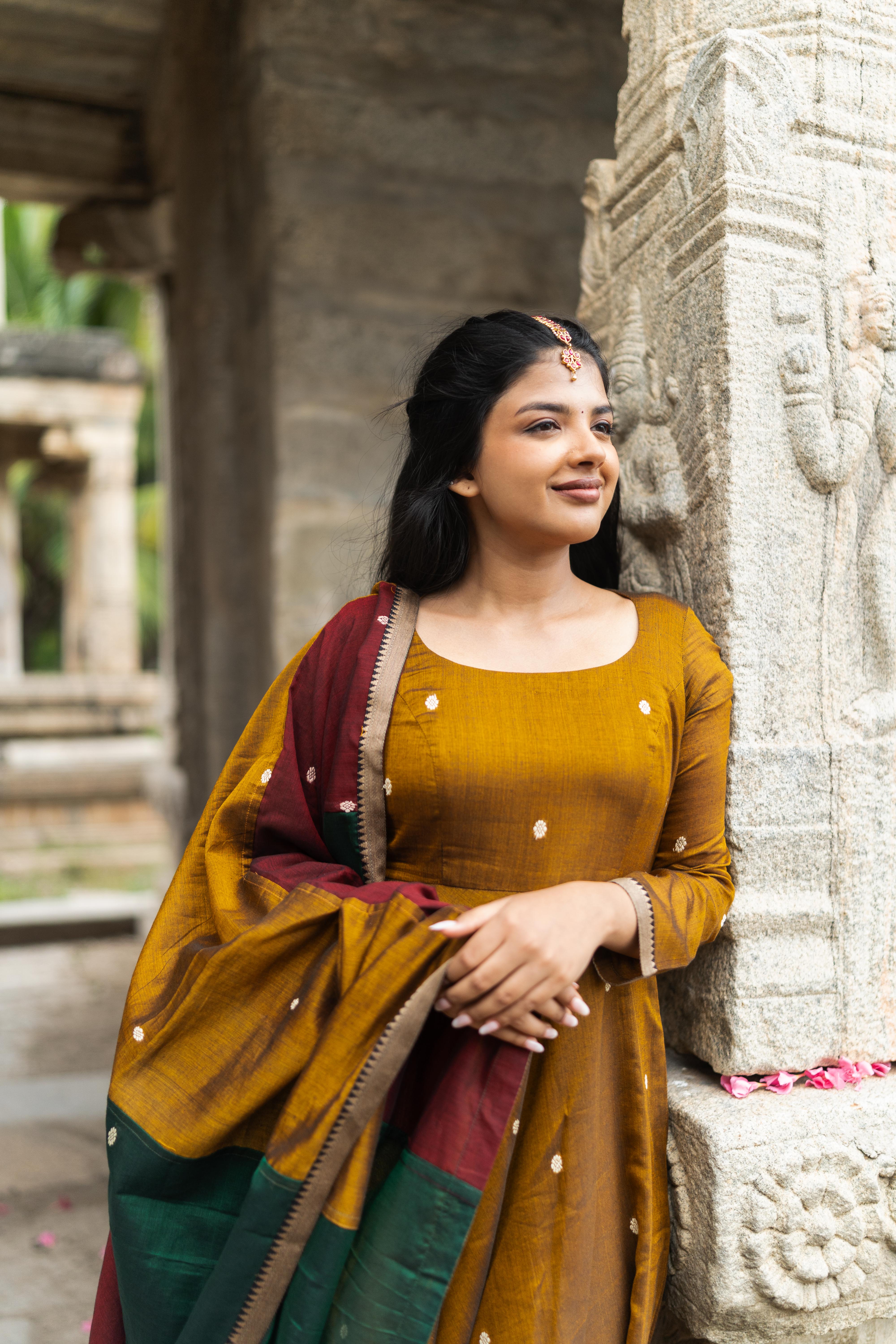 Mustard gold with multi colour dupatta Anarkali set