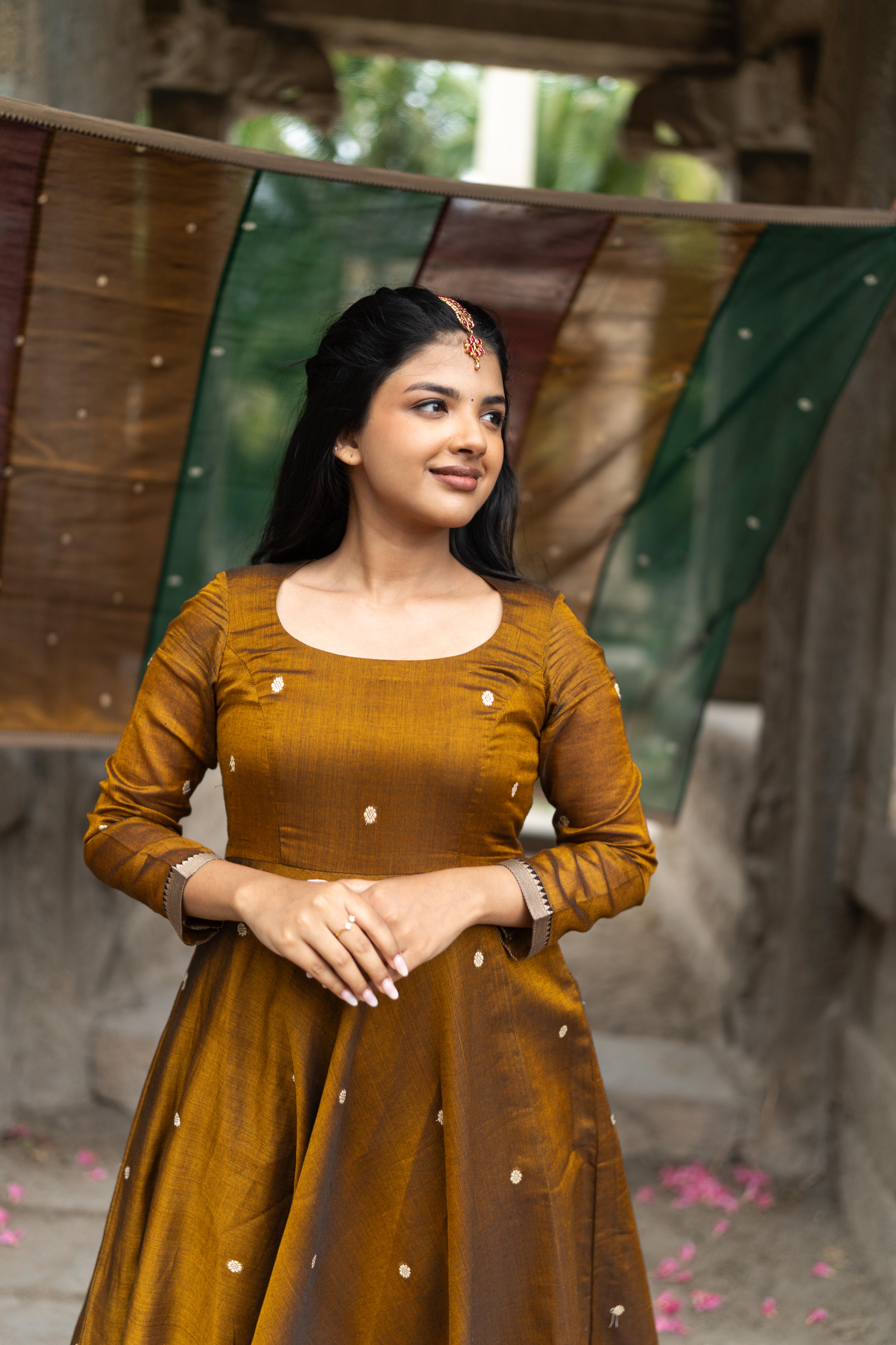 Mustard gold with multi colour dupatta Anarkali set