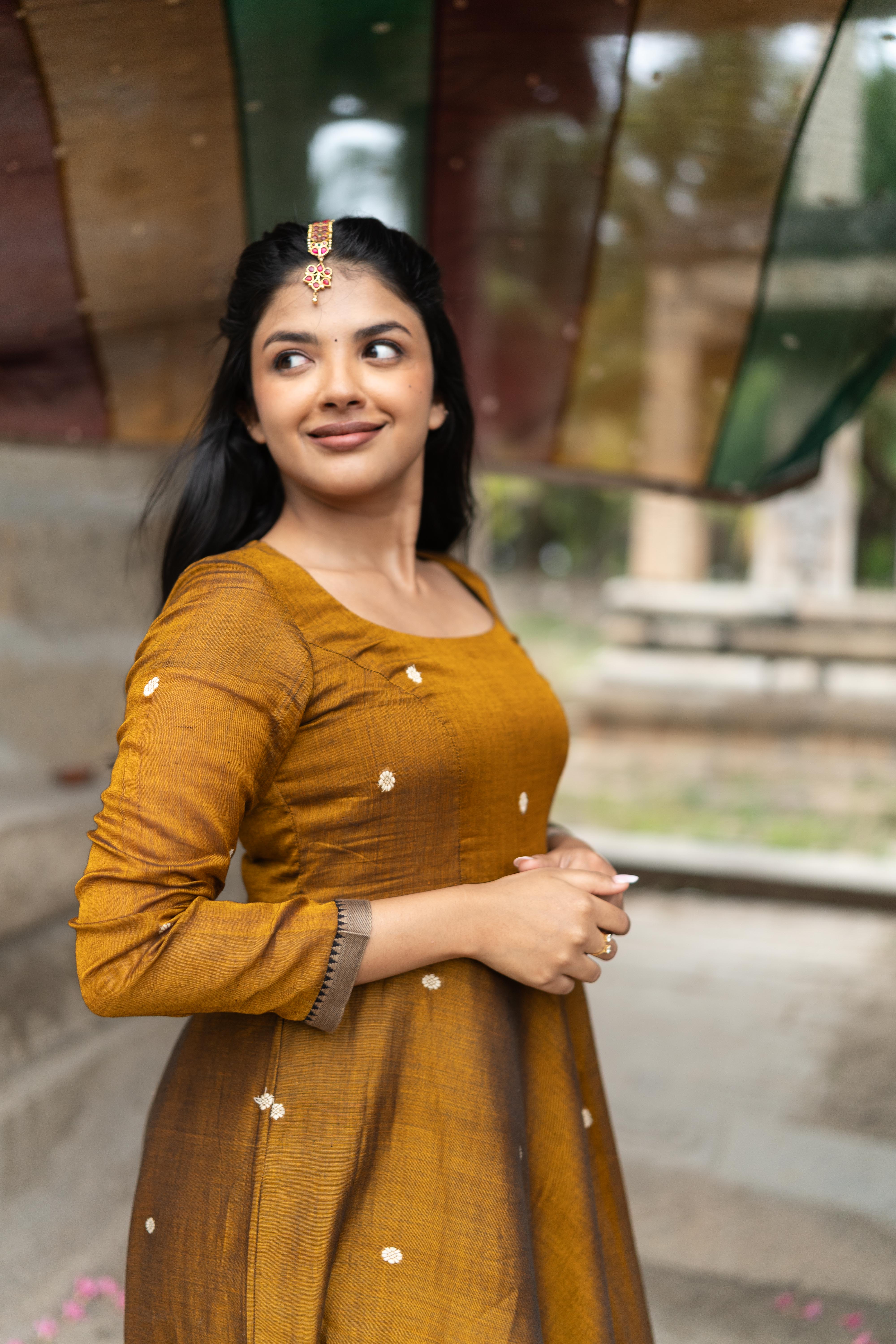 Mustard gold with multi colour dupatta Anarkali set