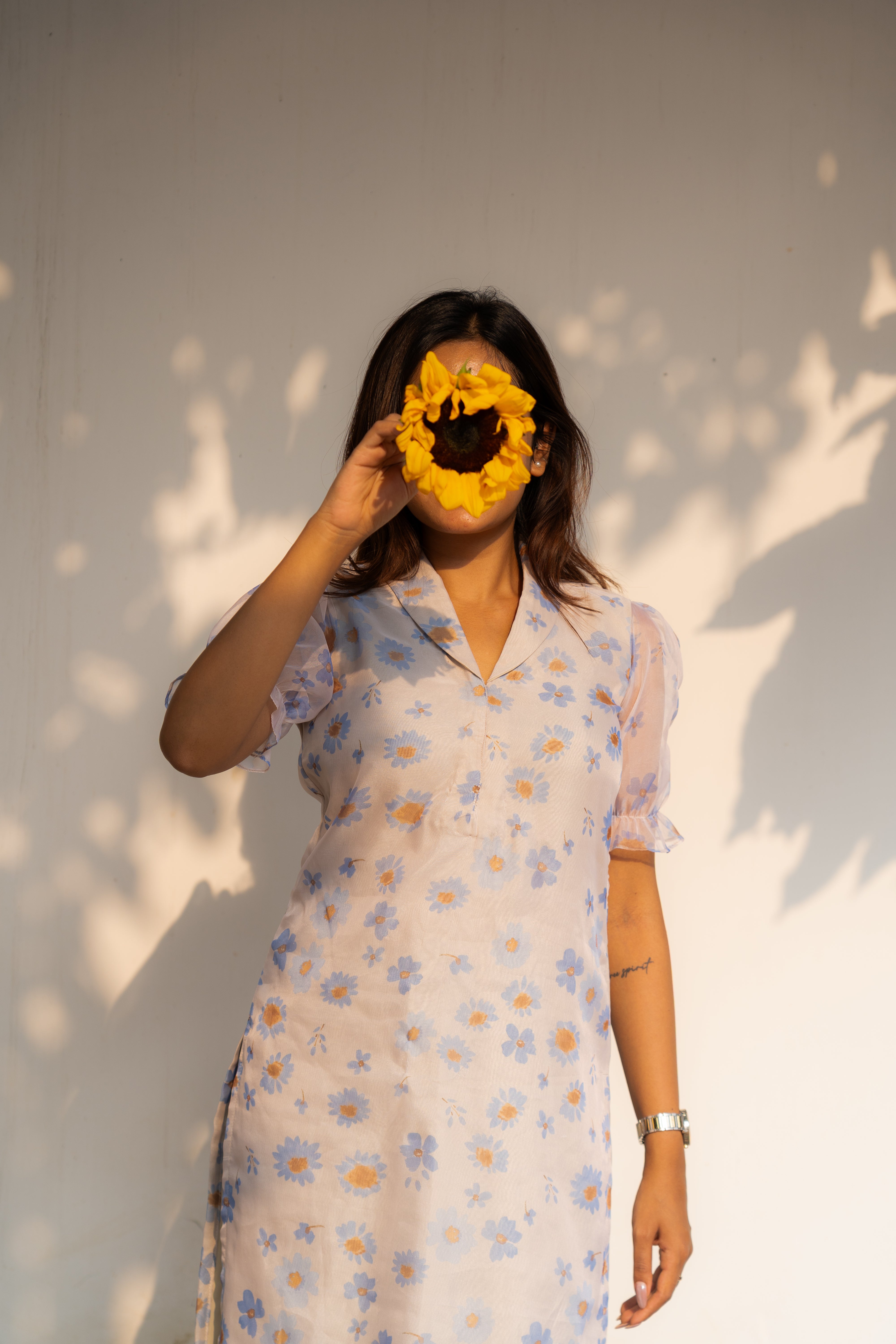Blue pea floral organza kurti