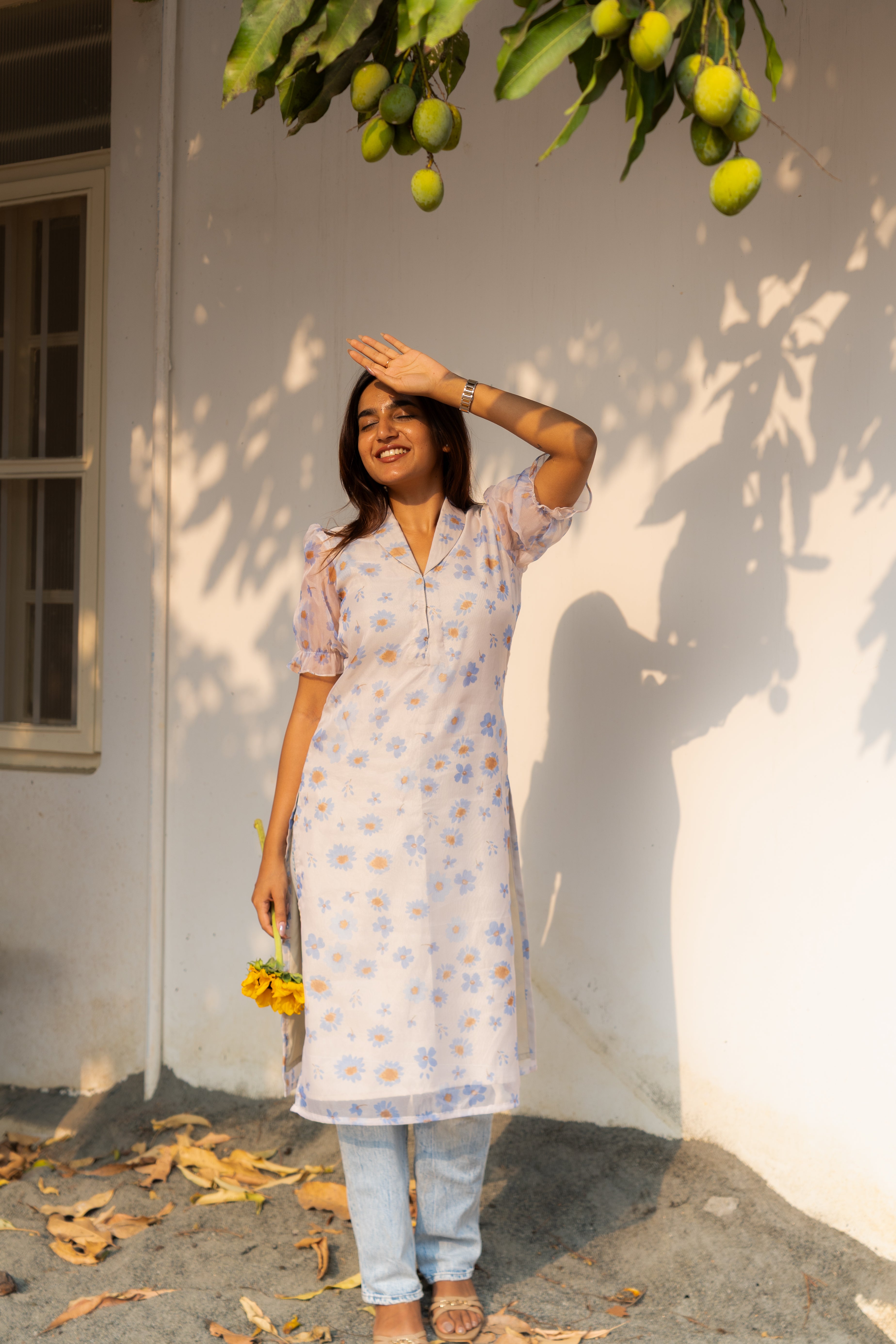 Blue pea floral organza kurti